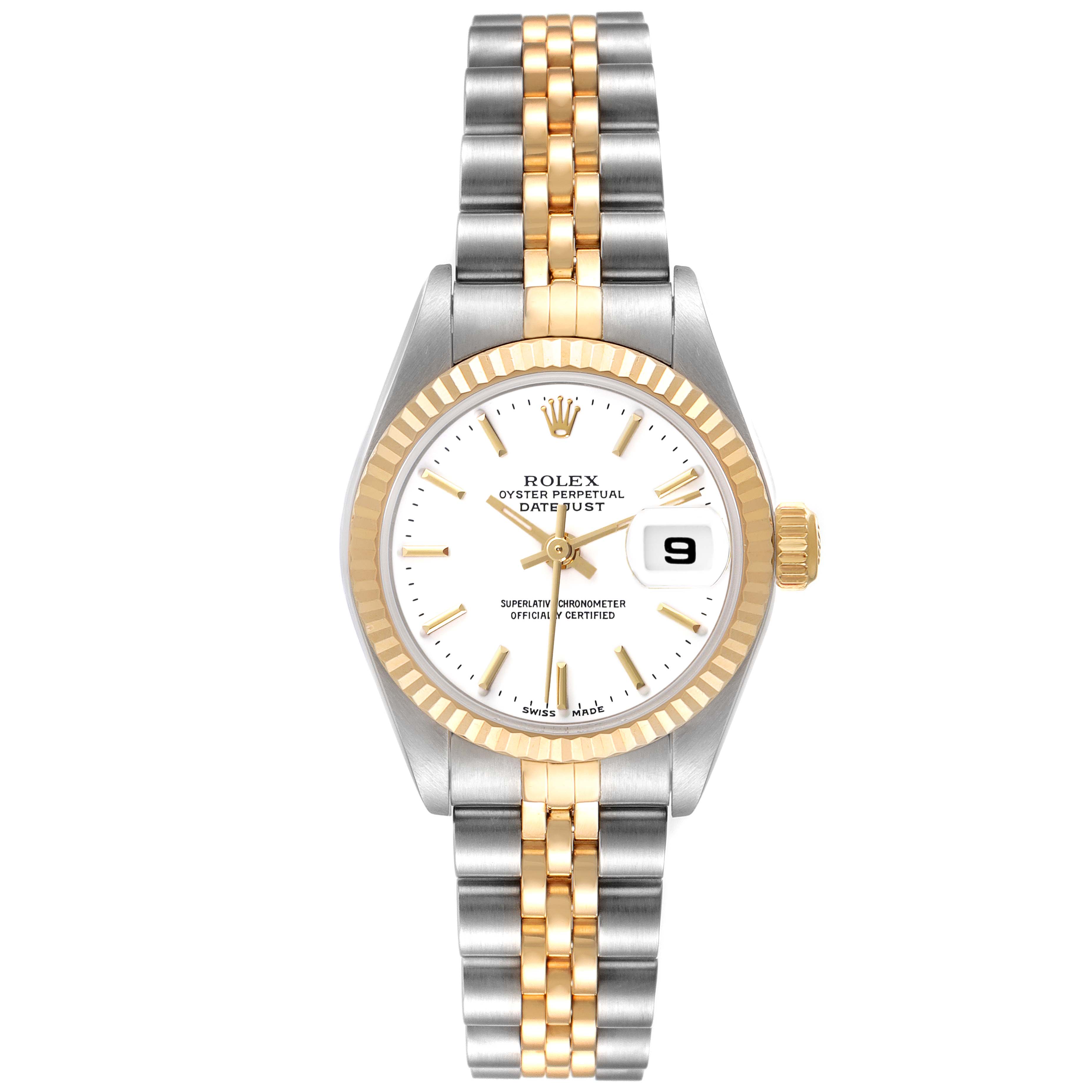 The Rolex Datejust 79173 Women's Steel and Gold (two tone) White Dial 79173 Women's Steel and Gold (two tone) White Dial watch is shown from the front, displaying the dial, bezel, case, and bracelet.
