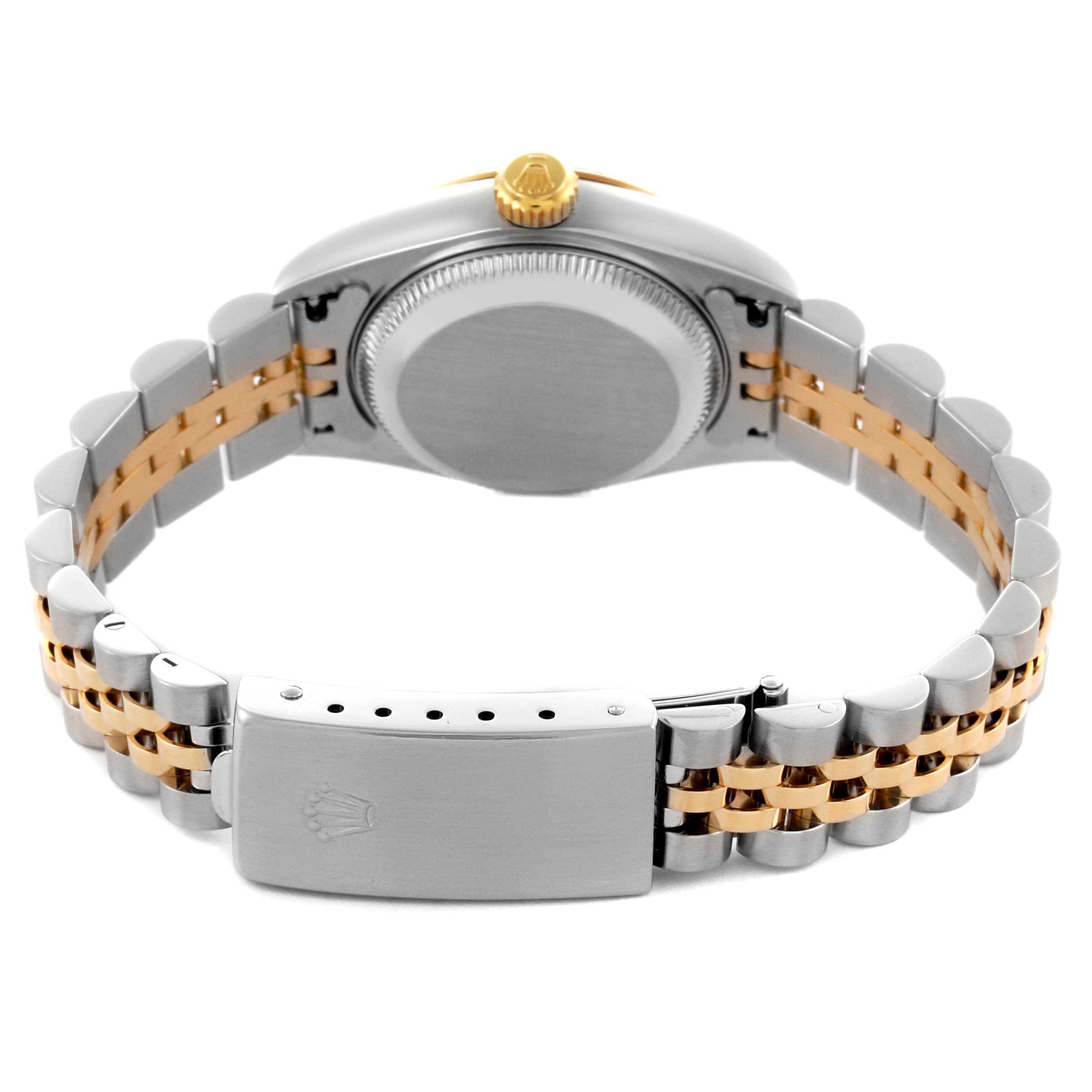 The image shows the back view of a Rolex Datejust 79173 Women's Steel and Gold (two tone) White Dial 79173 Women's Steel and Gold (two tone) White Dial, highlighting its two-tone bracelet, clasp, and case back.