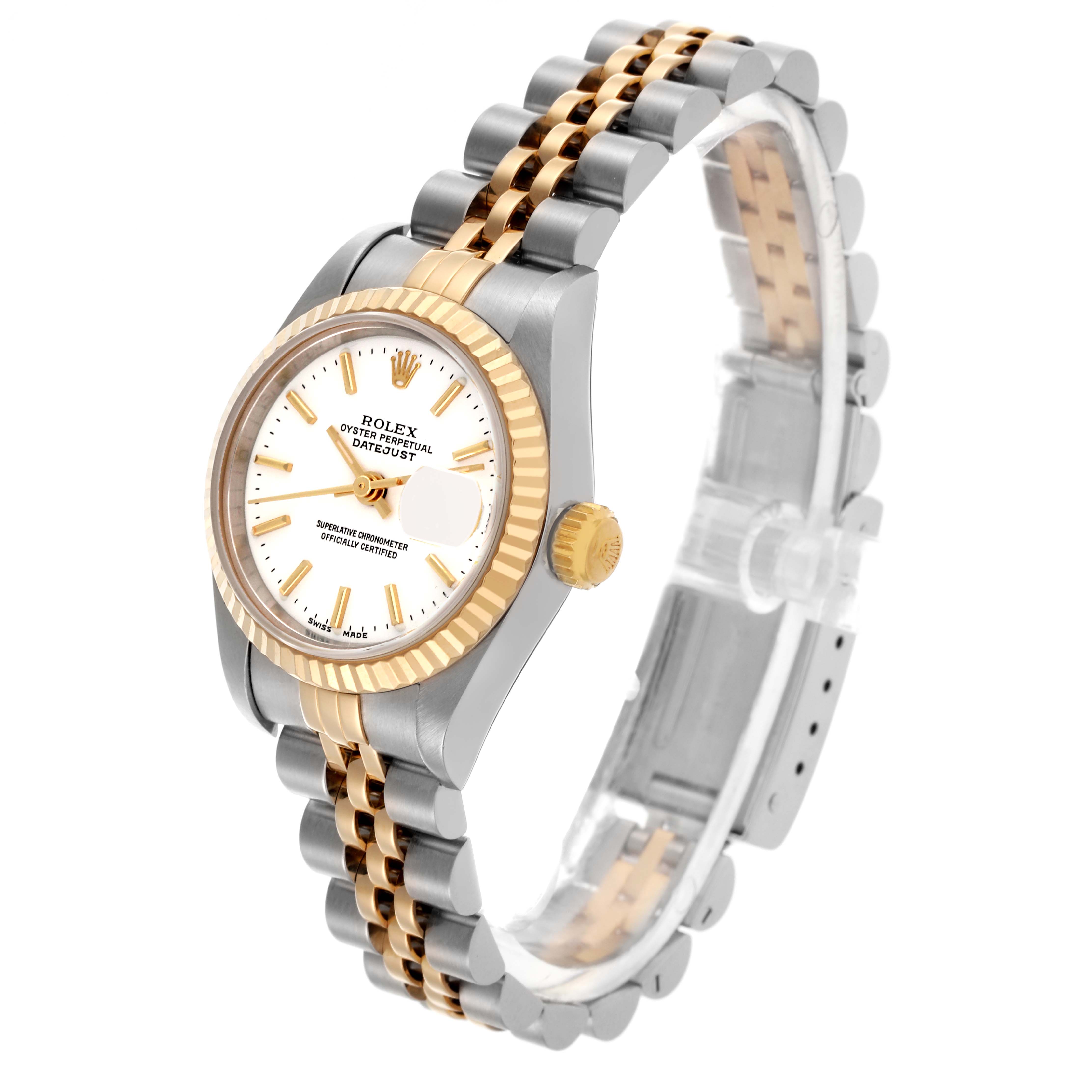 The Rolex Datejust 79173 Women's Steel and Gold (two tone) White Dial 79173 Women's Steel and Gold (two tone) White Dial watch is shown at a three-quarter angle, highlighting its face, fluted bezel, and Jubilee bracelet.