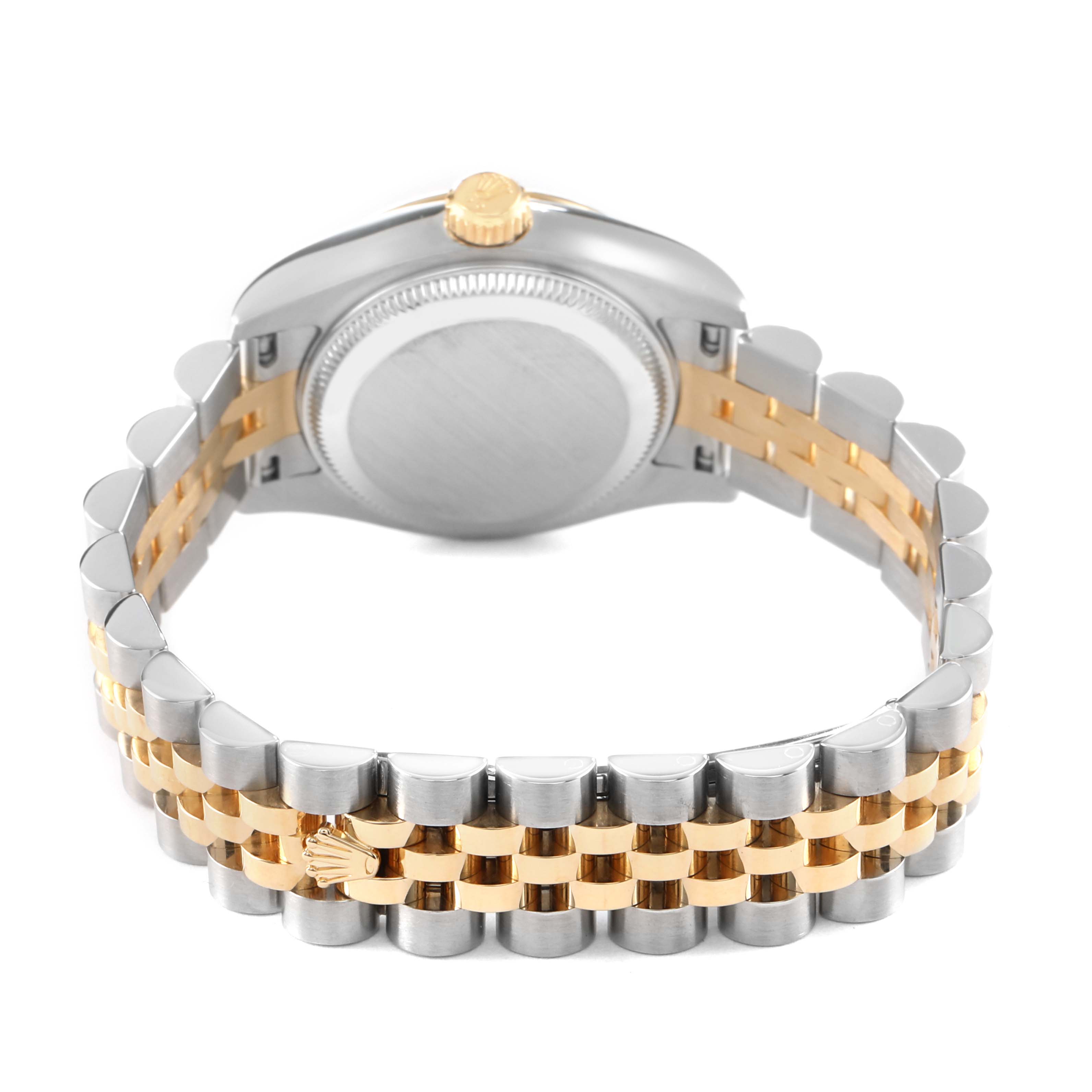The image shows the back and bracelet of a Rolex Datejust 179173 Women's Stainless Steel White Dial, featuring a two-tone metal design and the clasp area.