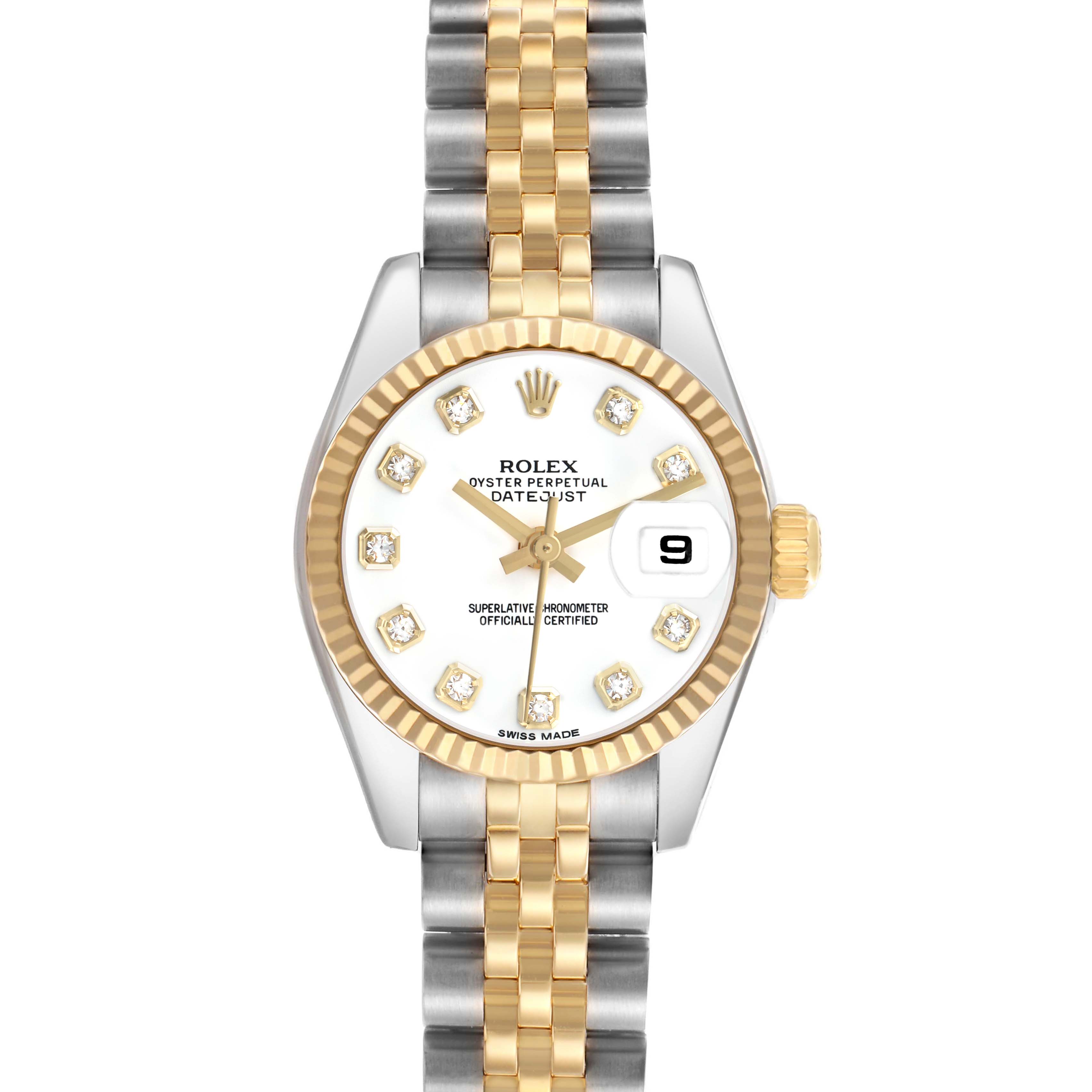 The image shows a Rolex Datejust 179173 Women's Stainless Steel White Dial watch from a top-down angle, highlighting its gold fluted bezel, diamond hour markers, and two-tone bracelet.