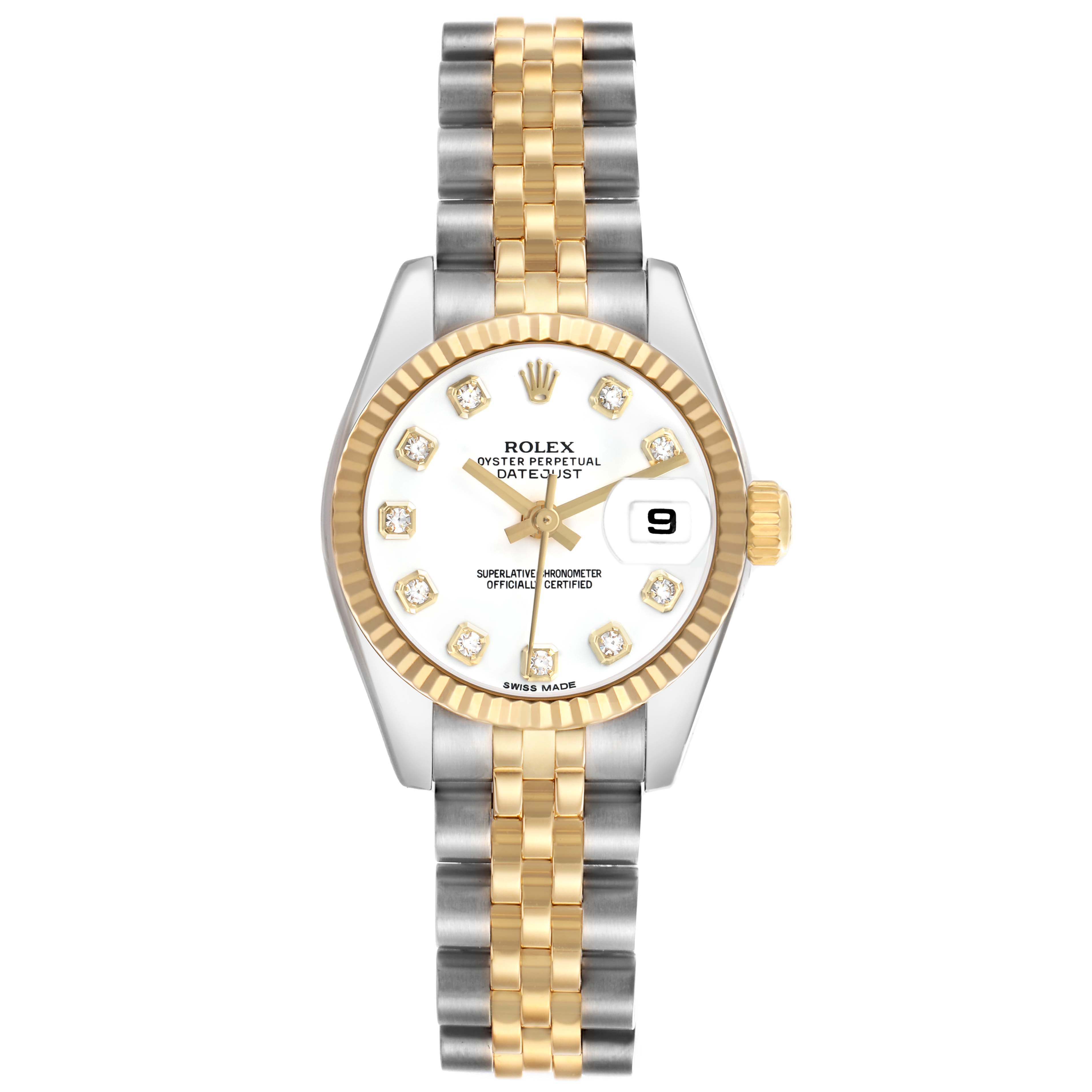 The Rolex Datejust 179173 Women's Stainless Steel White Dial watch is shown from the front, displaying its dial, bezel, crown, and two-tone bracelet.