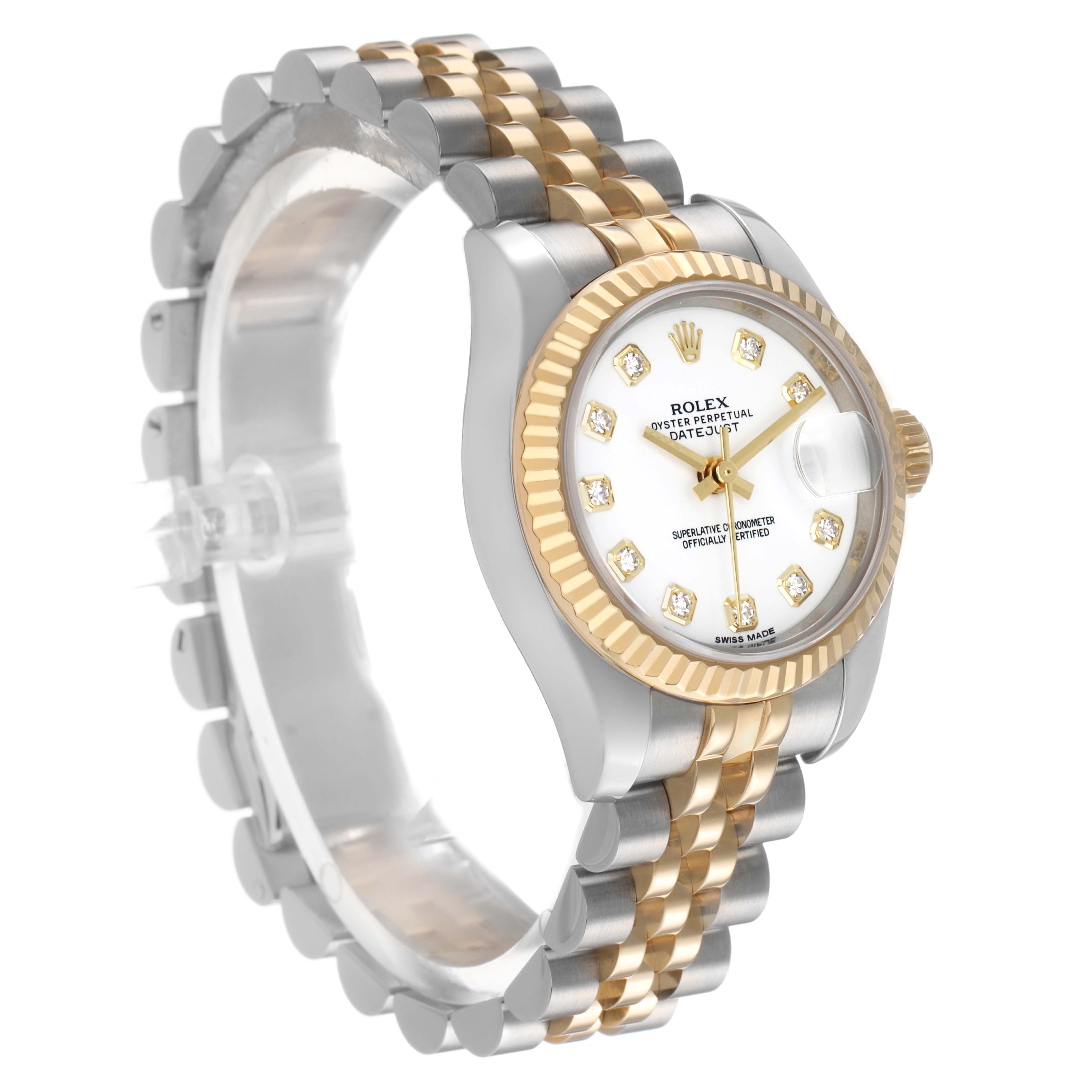 The Rolex Datejust 179173 Women's Stainless Steel White Dial watch is shown from a side angle, highlighting its two-tone bracelet, fluted bezel, and diamond hour markers.