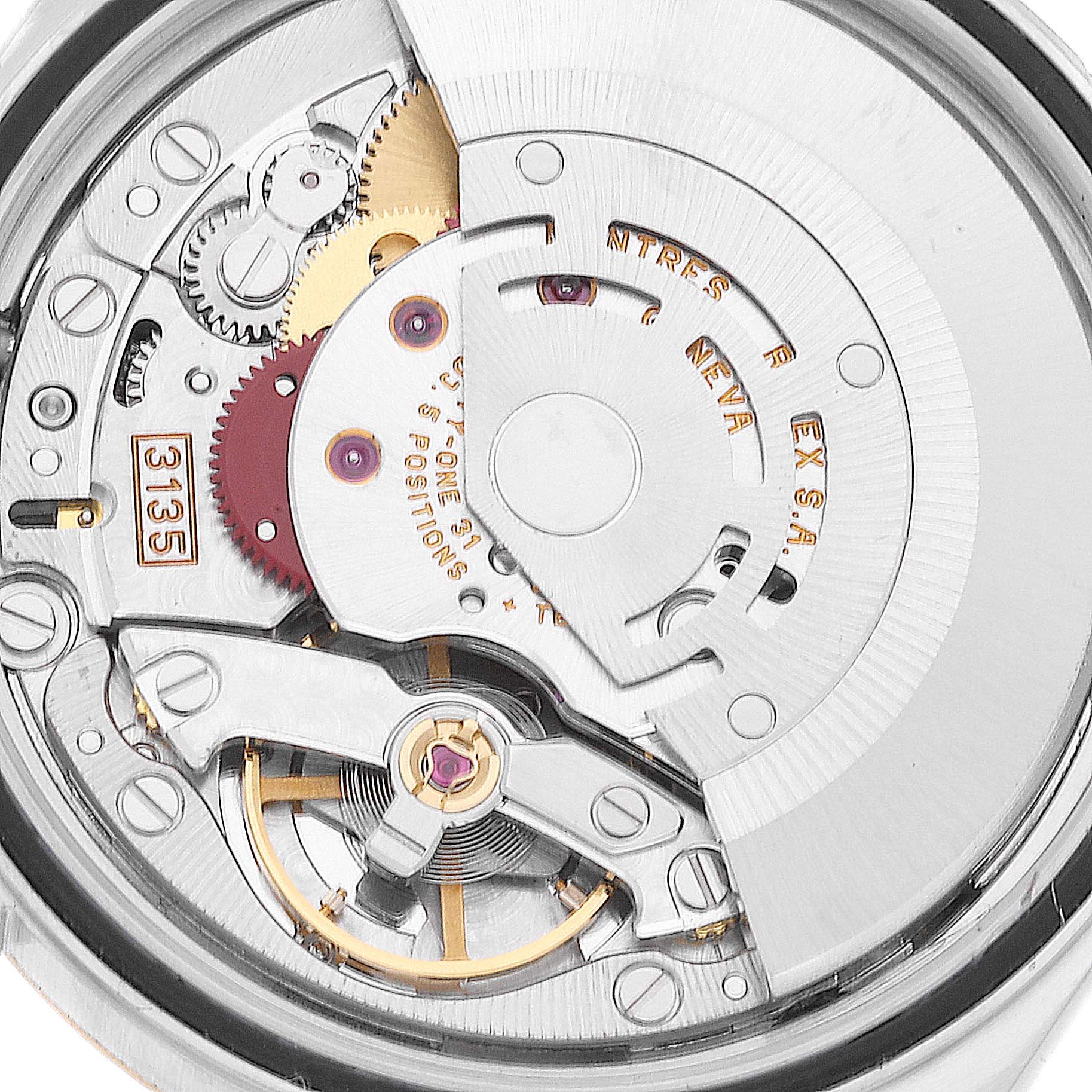 The image shows the inner mechanical movement of a Rolex Datejust 16233 Men's Steel and Gold (two tone) White Dial 16233 Men's Steel and Gold (two tone) White Dial watch viewed from the back.