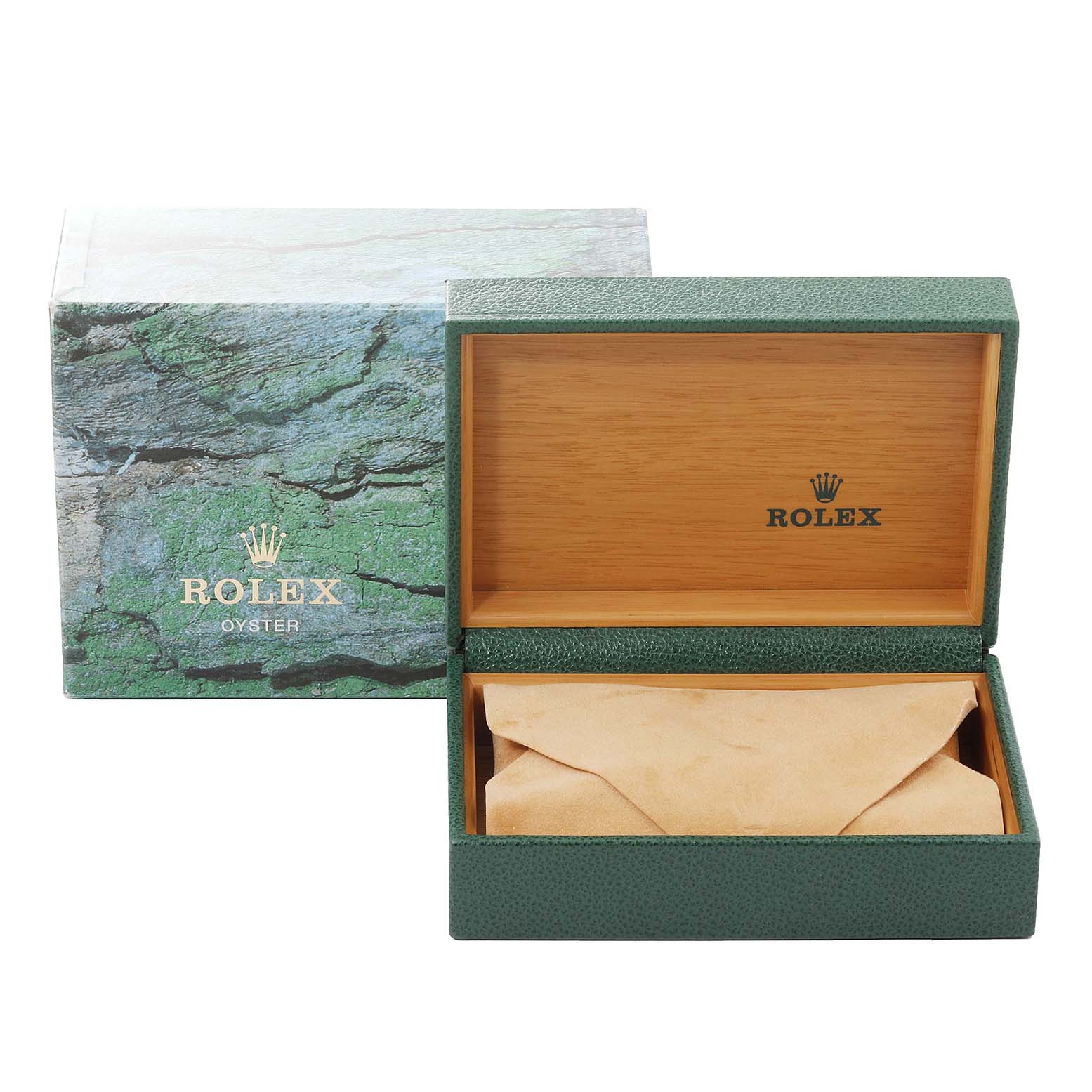 The image shows the open box of a Rolex Datejust 16233 Men's Steel and Gold (two tone) White Dial 16233 Men's Steel and Gold (two tone) White Dial watch, with the green exterior and wood-lined interior visible.