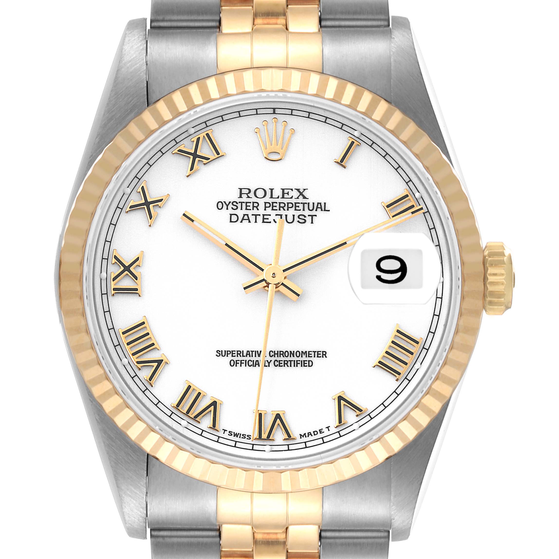 The image shows a front view of the Rolex Datejust 16233 Men's Steel and Gold (two tone) White Dial 16233 Men's Steel and Gold (two tone) White Dial watch, highlighting its face, bezel, and part of the bracelet.