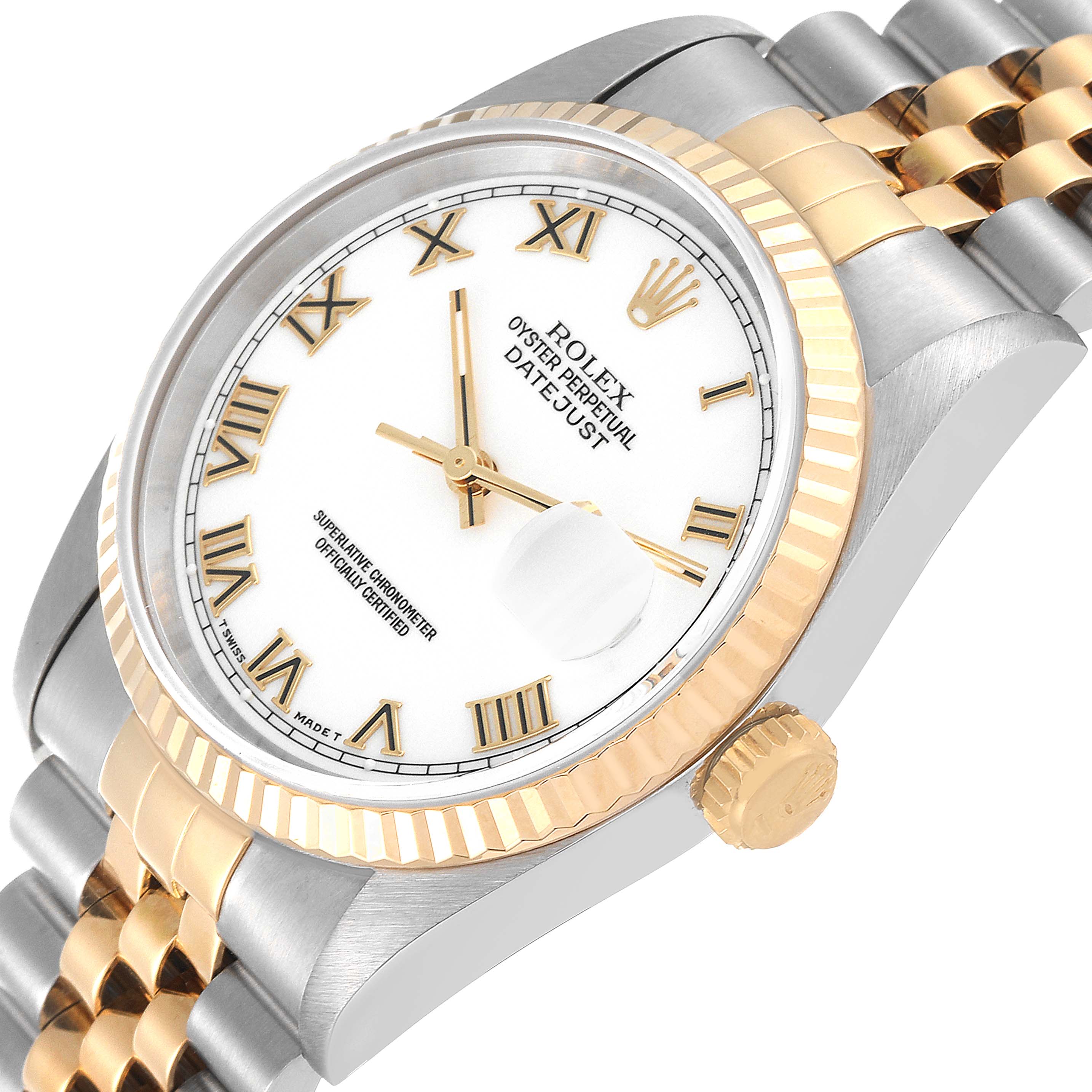The image shows a Rolex Datejust 16233 Men's Steel and Gold (two tone) White Dial 16233 Men's Steel and Gold (two tone) White Dial watch angled to display its face, bezel, crown, and part of the bracelet.