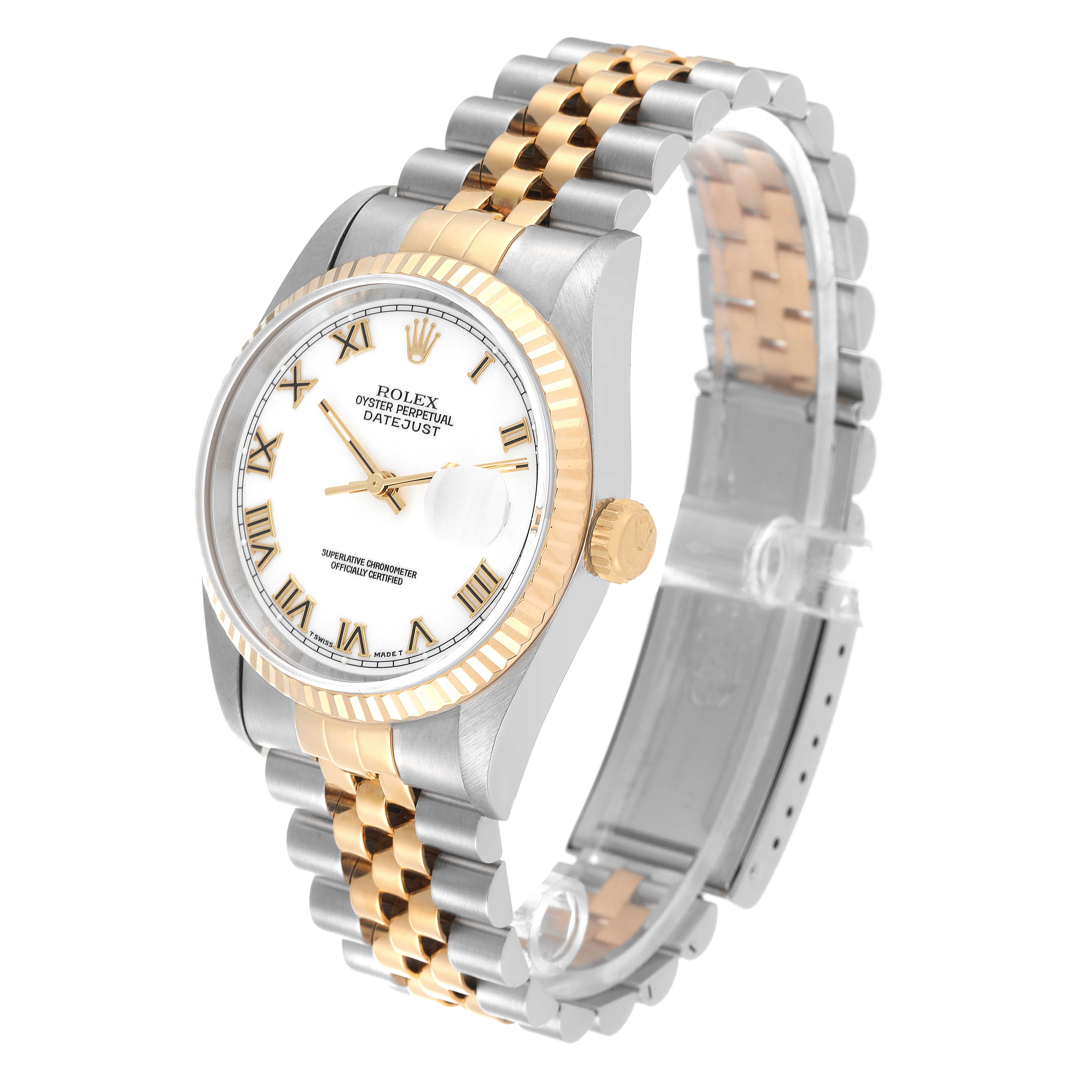 The Rolex Datejust 16233 Men's Steel and Gold (two tone) White Dial 16233 Men's Steel and Gold (two tone) White Dial watch is shown at a three-quarter angle, showcasing its face, bezel, crown, and two-tone bracelet.