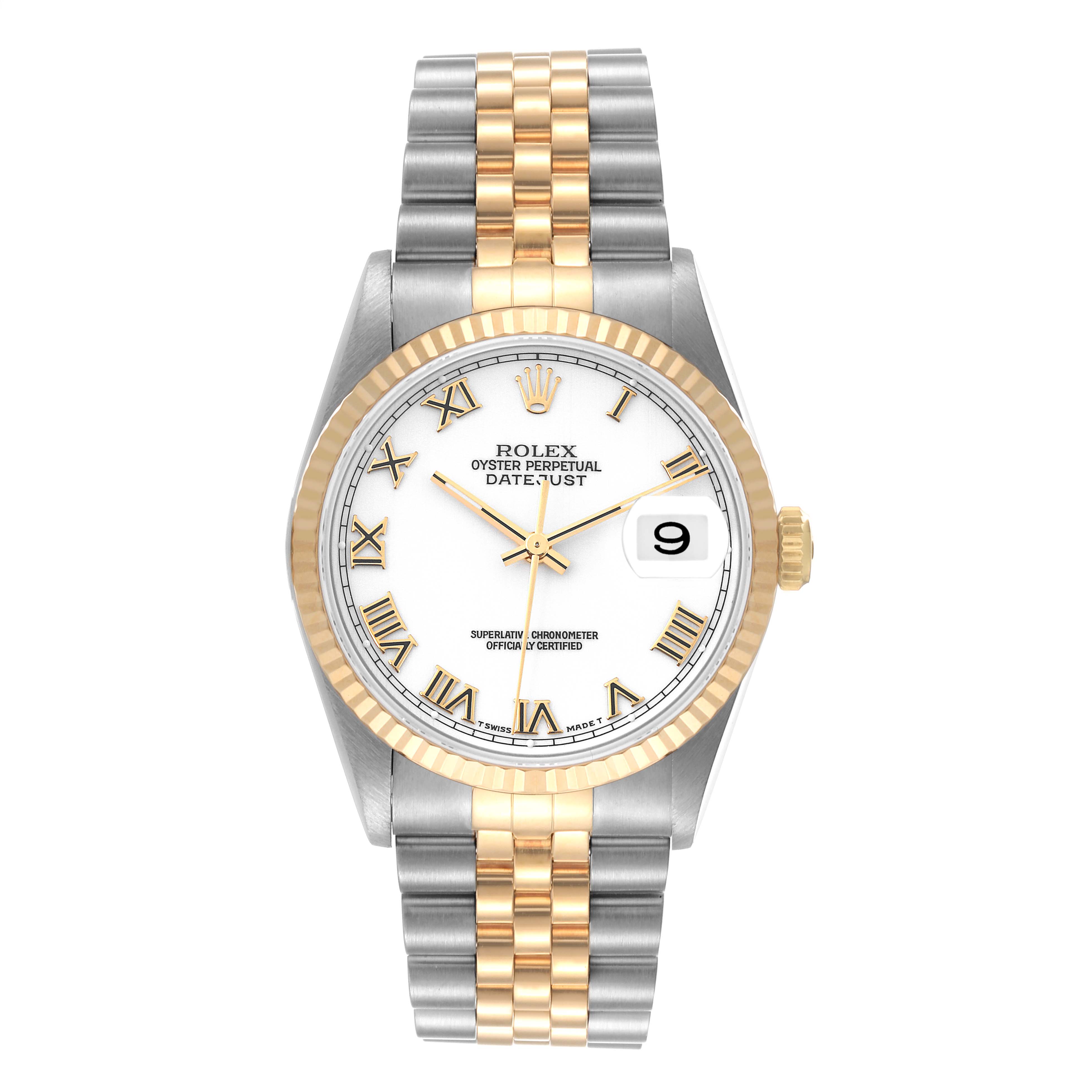 The image shows a front view of a Rolex Datejust 16233 Men's Steel and Gold (two tone) White Dial 16233 Men's Steel and Gold (two tone) White Dial watch with a two-tone bracelet, white dial, and Roman numeral markers.