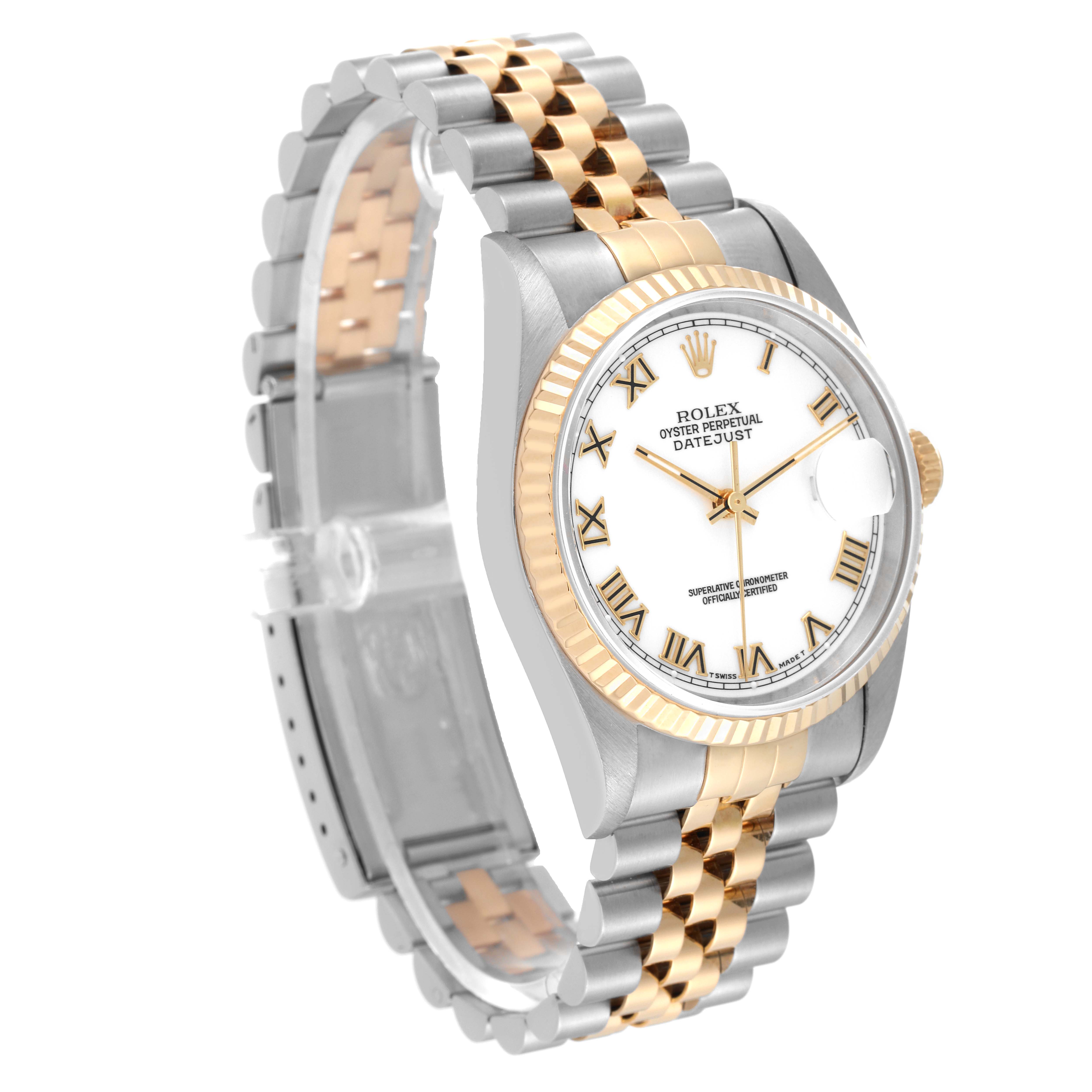 The image shows a Rolex Datejust 16233 Men's Steel and Gold (two tone) White Dial 16233 Men's Steel and Gold (two tone) White Dial watch at an angled view, highlighting the watch face, fluted bezel, and two-tone metal bracelet.