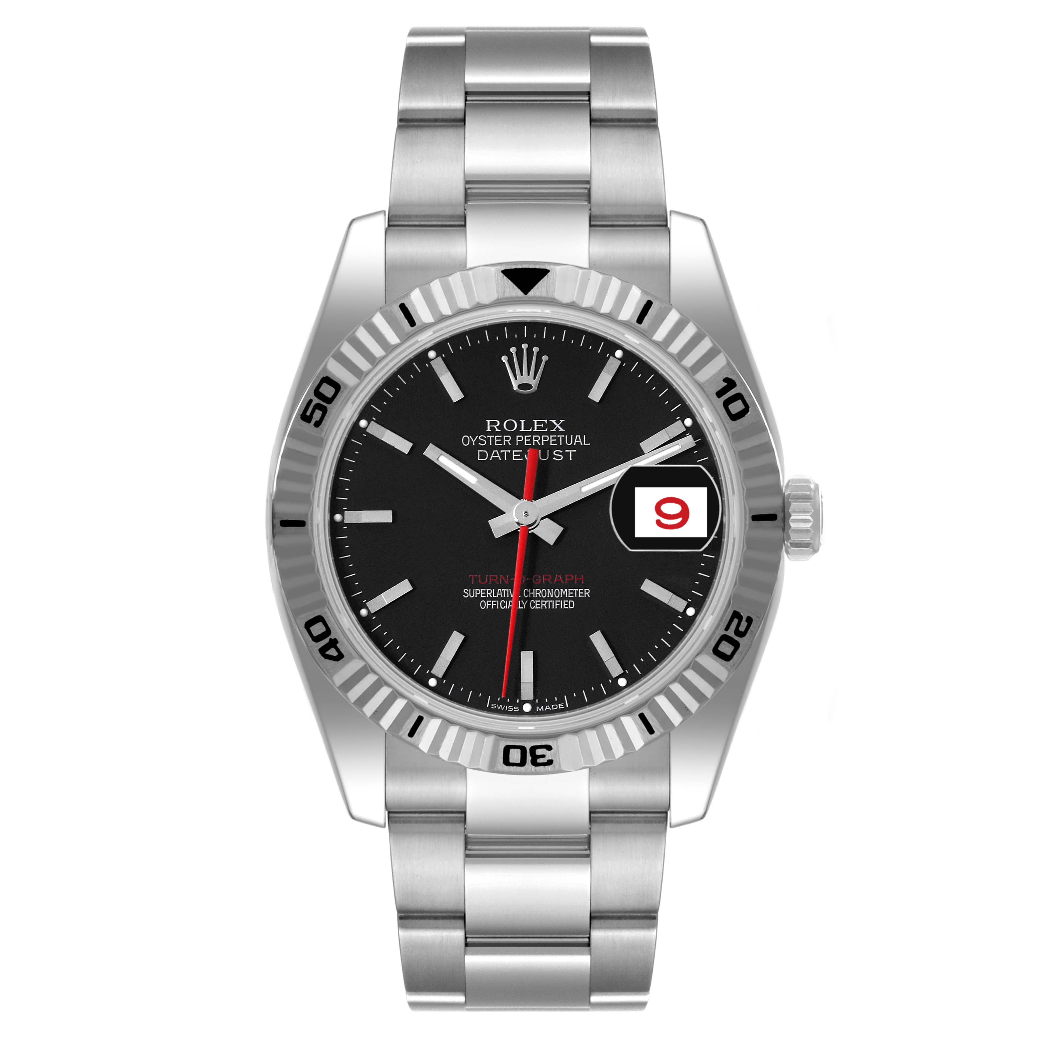The Rolex Turn-o-Graph 116264 Men's Stainless Steel Black Dial watch is shown from a front angle, highlighting its dial, bezel, case, bracelet, and date window.