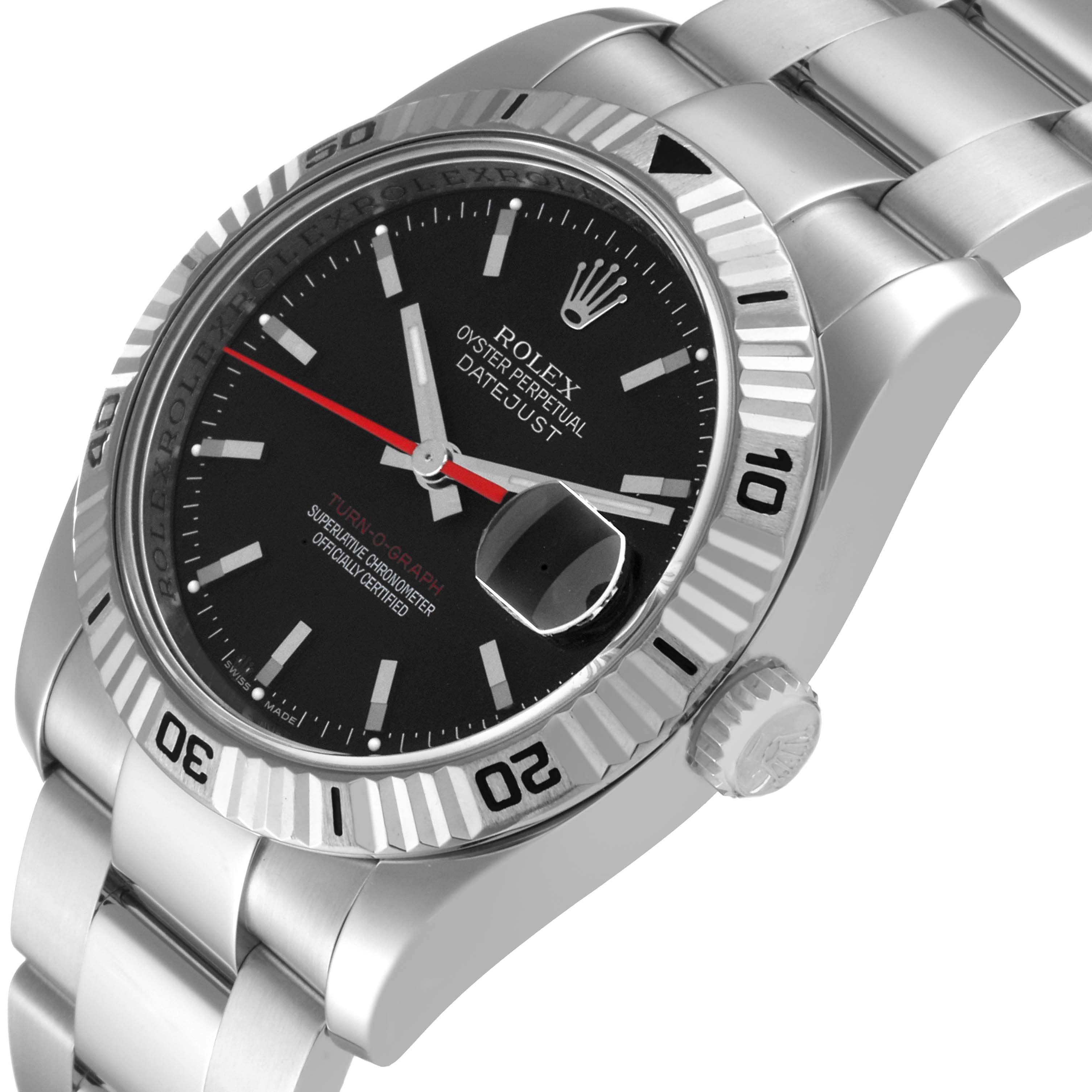The Rolex Turn-o-Graph 116264 Men's Stainless Steel Black Dial watch is shown at an angled side view, highlighting the bezel, dial, bracelet, and crown.