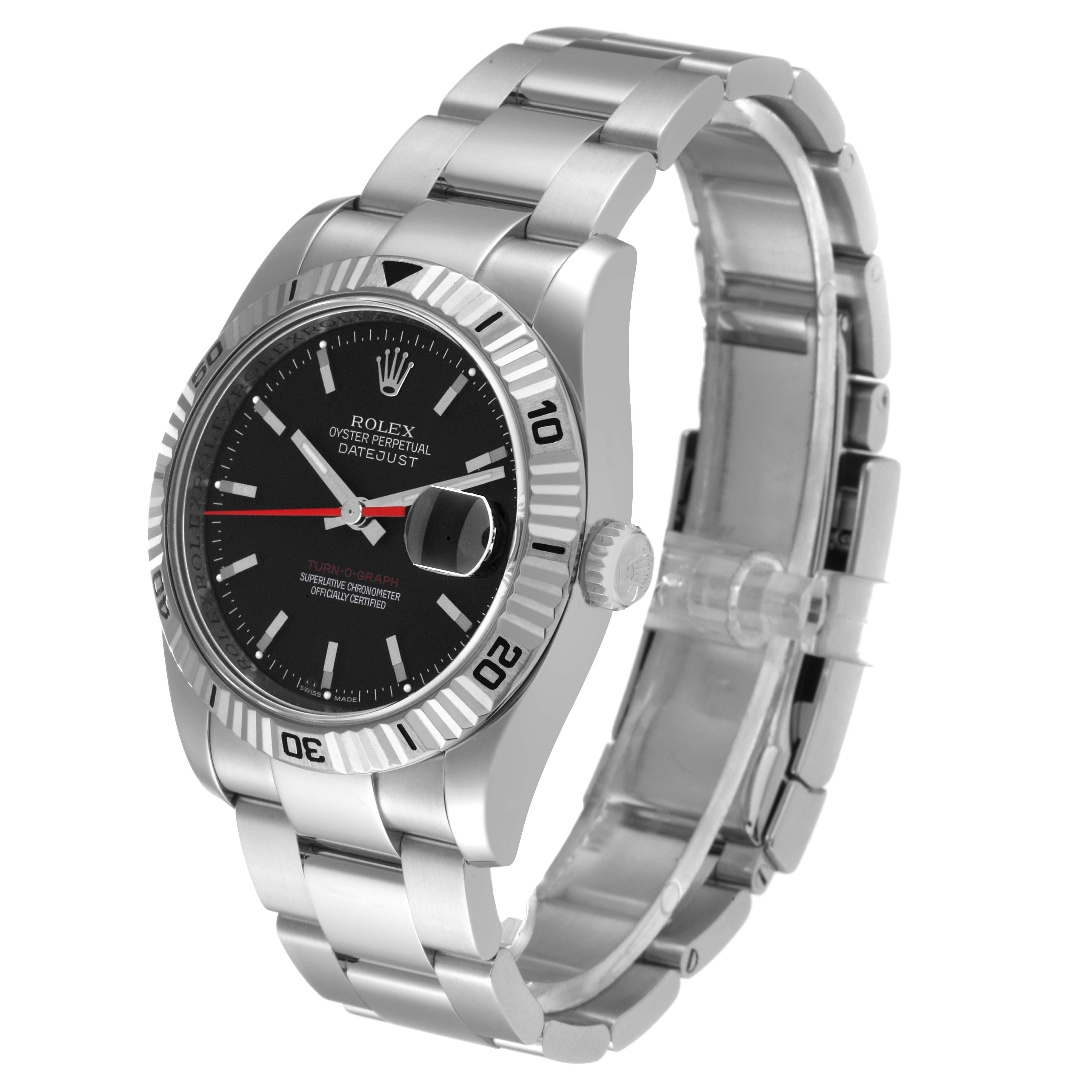 The Rolex Turn-o-Graph 116264 Men's Stainless Steel Black Dial watch is shown at a three-quarter angle, displaying the dial, bezel, crown, and metal bracelet.