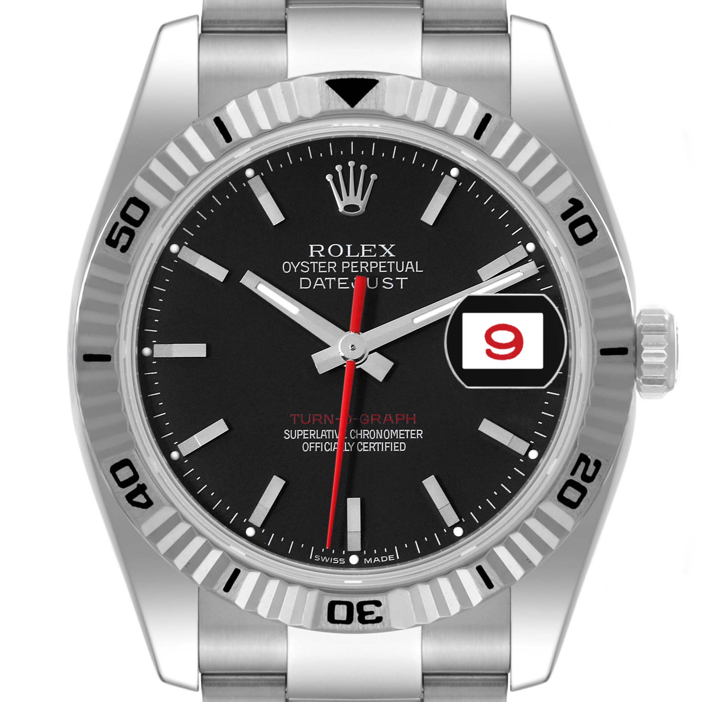 The Rolex Turn-o-Graph 116264 Men's Stainless Steel Black Dial watch is shown from the front, highlighting the dial, bezel, date window, and part of the bracelet.
