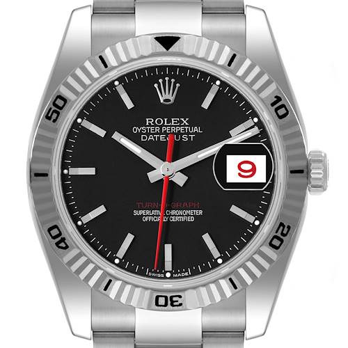 The Rolex Turn-o-Graph 116264 Men's Stainless Steel Black Dial watch is shown from a front angle, displaying the bezel, dial, hands, and bracelet.