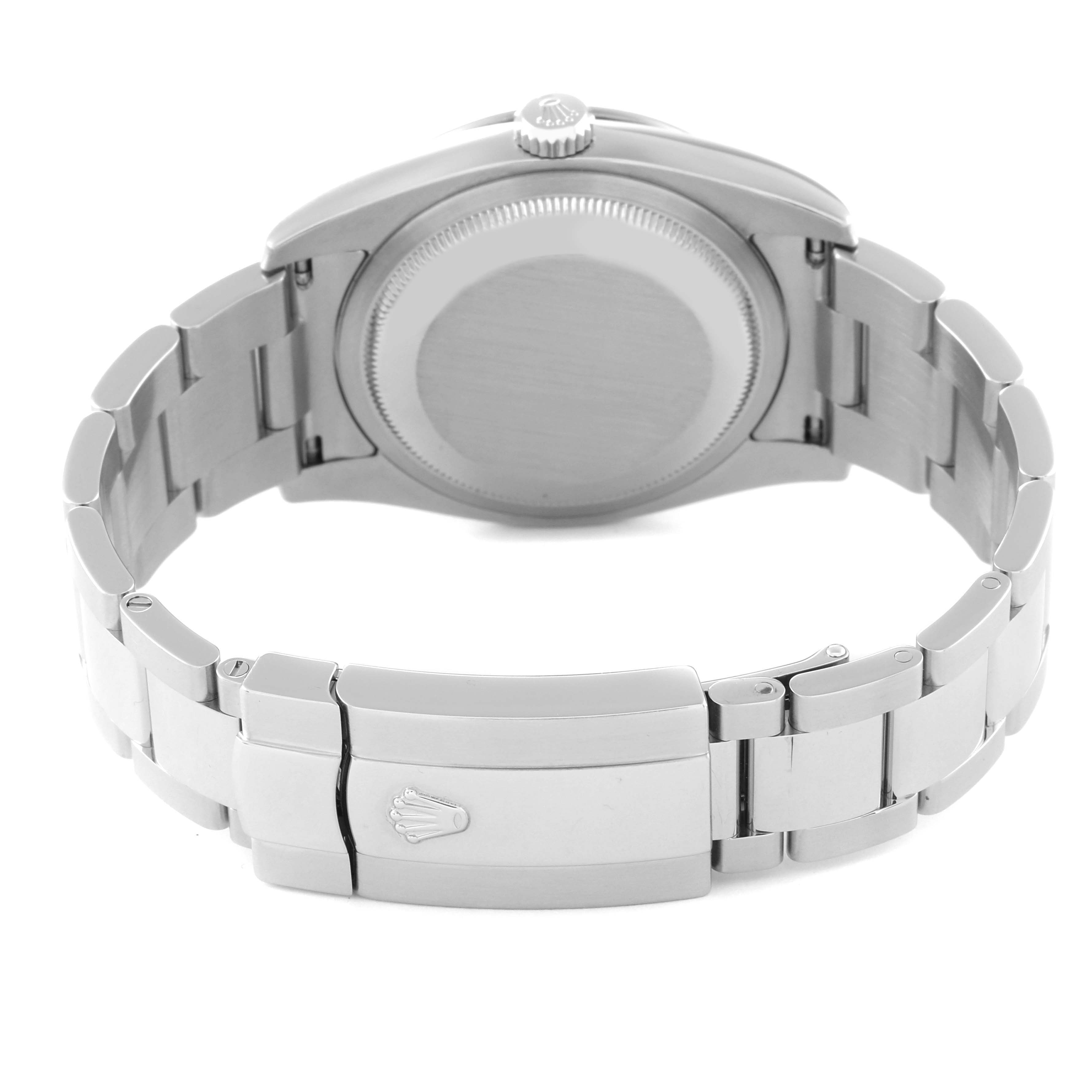 The image shows the back and clasp of a Rolex Turn-o-Graph 116264 Men's Stainless Steel Black Dial watch, highlighting the stainless steel bracelet and crown logo.