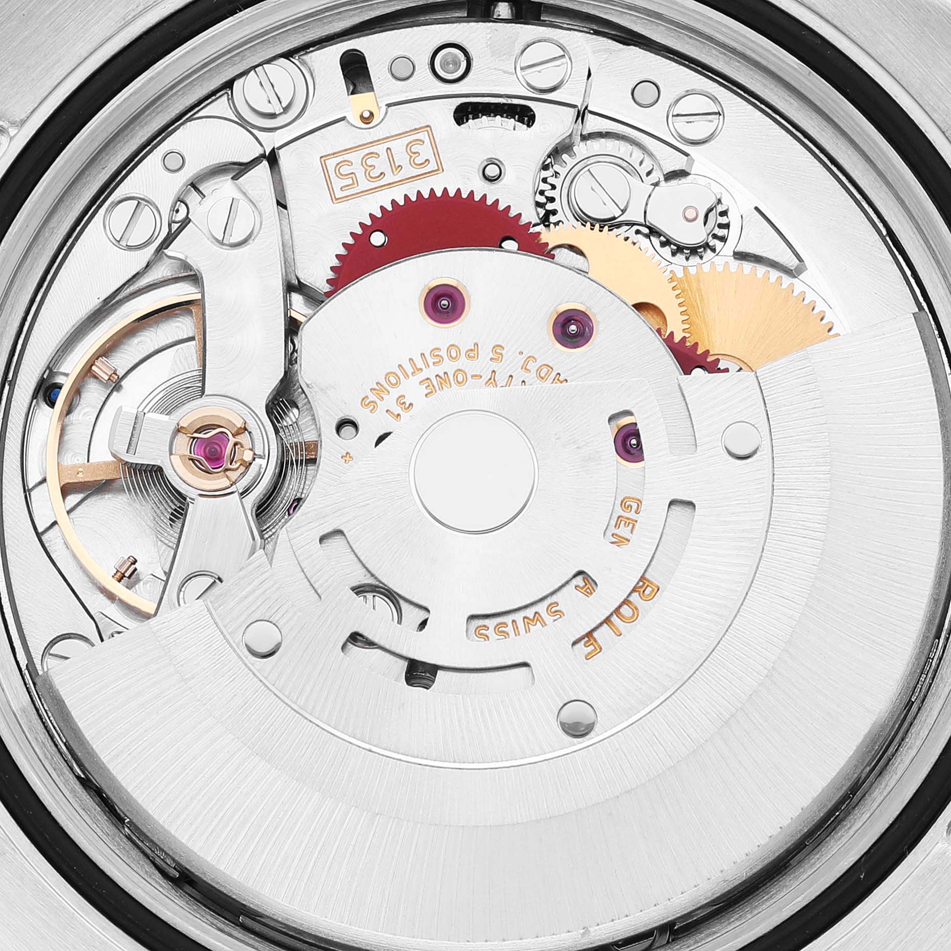 This image shows the internal mechanism of a Rolex Turn-o-Graph 116264 Men's Stainless Steel Black Dial watch, highlighting gears and intricate components from a top view.