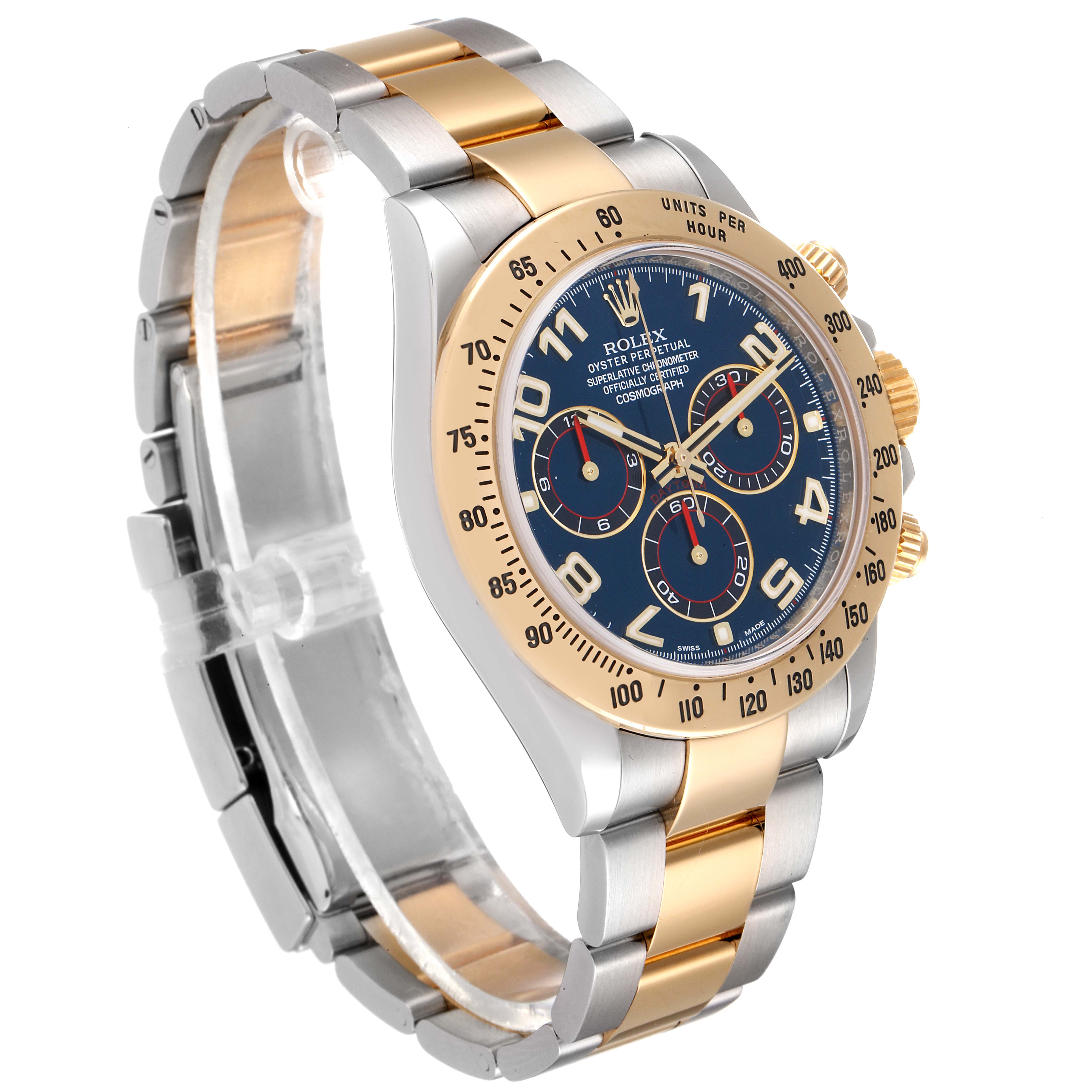 This image shows a side angle of a Rolex Daytona 116523 Men
s Steel and Gold (two tone) Blue Dial 116523 Men
s Steel and Gold (two tone) Blue Dial, highlighting the blue dial, gold bezel, and two-tone bracelet.