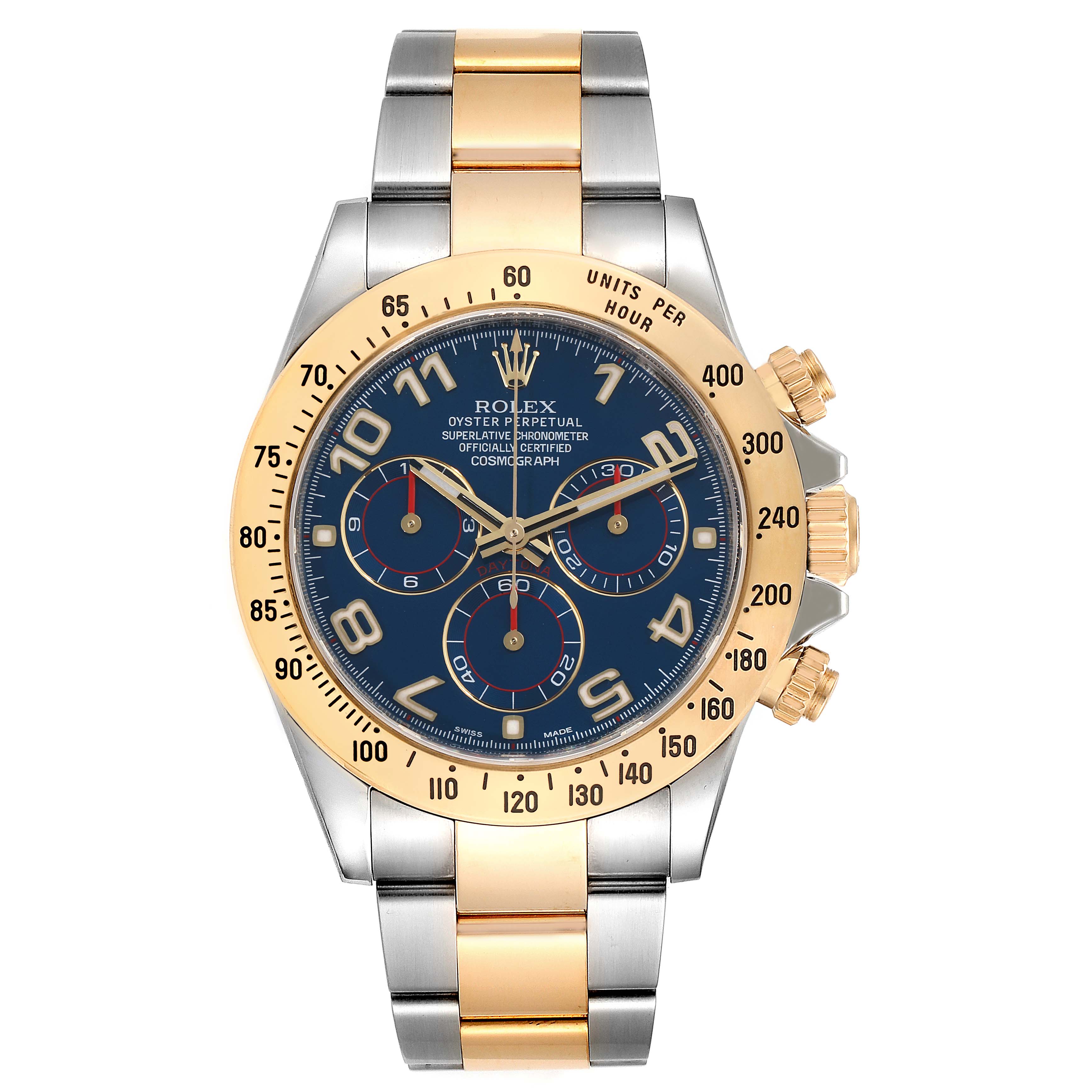 This is a frontal view of a Rolex Daytona 116523 Men
s Steel and Gold (two tone) Blue Dial 116523 Men
s Steel and Gold (two tone) Blue Dial watch featuring a two-tone metal band and a blue dial with three sub-dials.