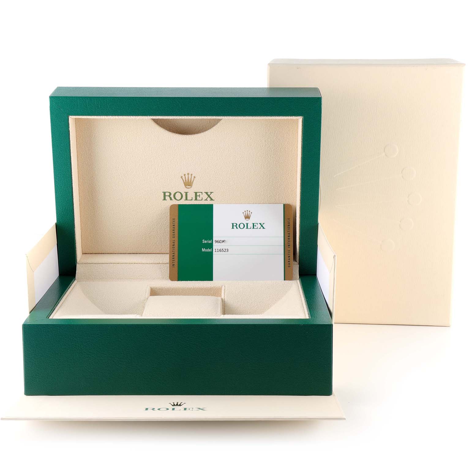 This image shows the interior of a green Rolex Daytona 116523 Men
s Steel and Gold (two tone) Blue Dial 116523 Men
s Steel and Gold (two tone) Blue Dial watch box with an Best Quality
ation card.