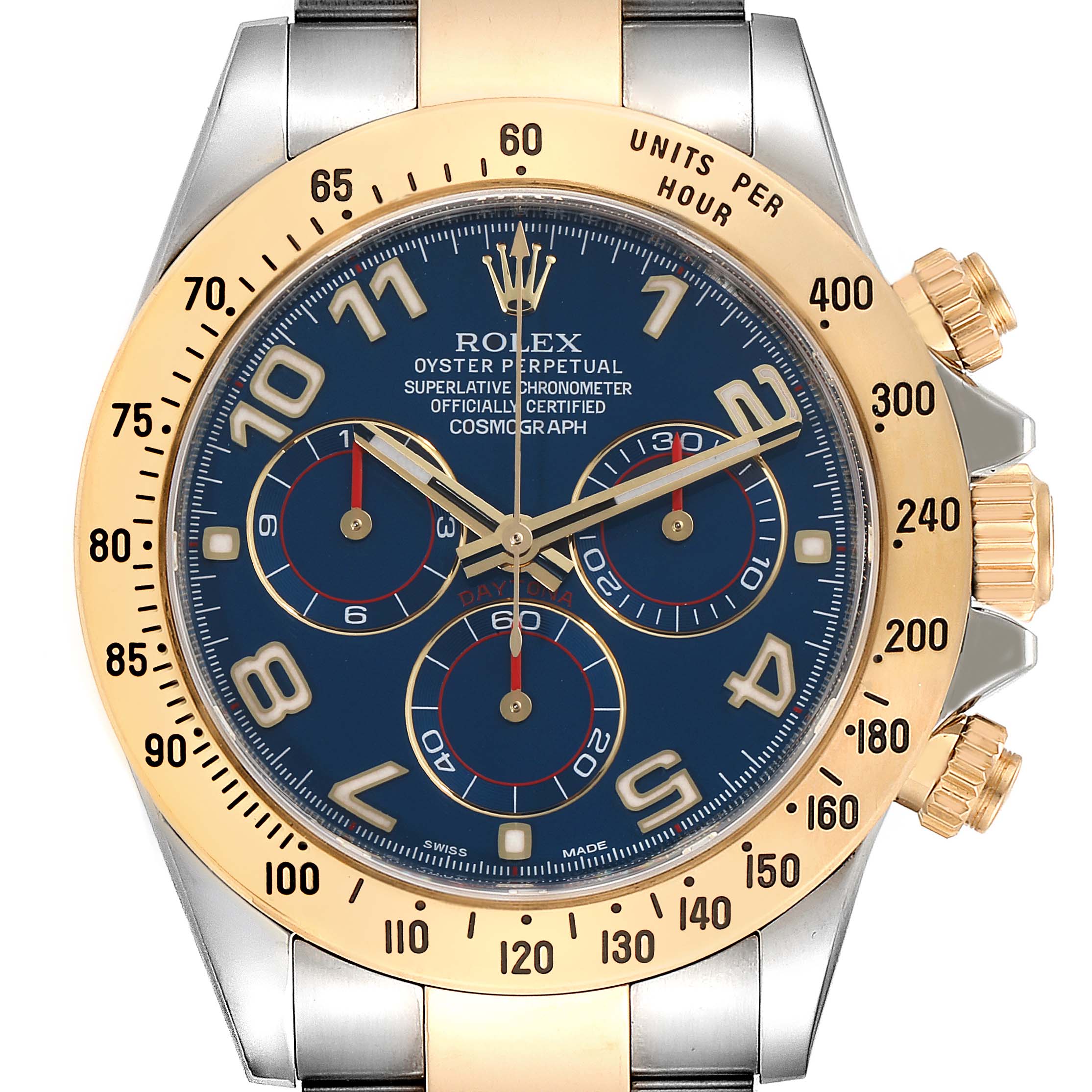 The Rolex Daytona 116523 Men
s Steel and Gold (two tone) Blue Dial 116523 Men
s Steel and Gold (two tone) Blue Dial watch is shown from the front, featuring its blue dial, gold bezel, and three subdials.