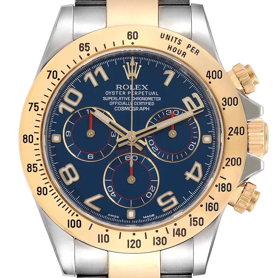 Rolex Daytona Steel Yellow Gold Blue Racing Dial Mens Watch 116523 Box Card SwissWatchExpo