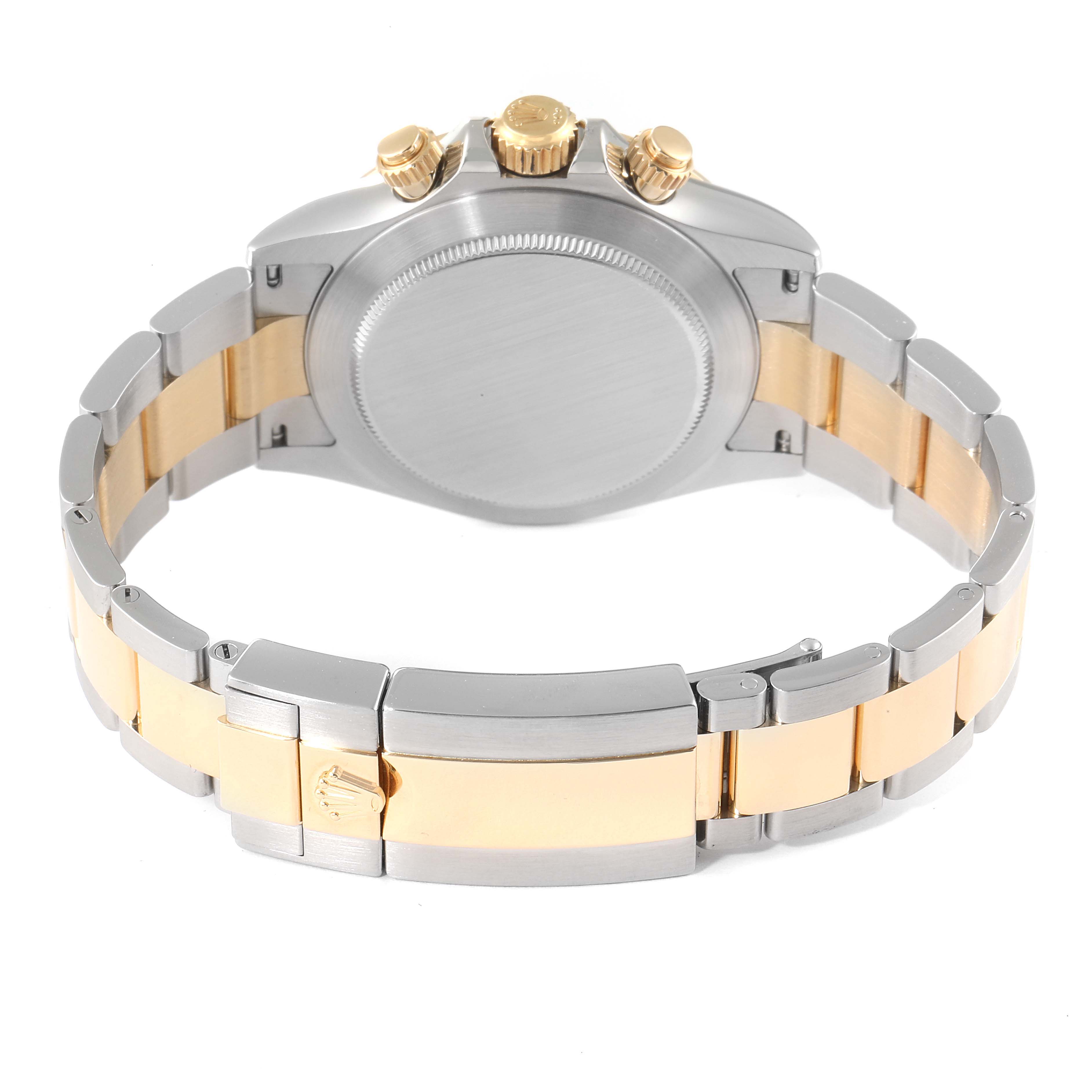 The image shows the back view of a Rolex Daytona 116523 Men
s Steel and Gold (two tone) Blue Dial 116523 Men
s Steel and Gold (two tone) Blue Dial watch, highlighting the bracelet, clasp, and crown.