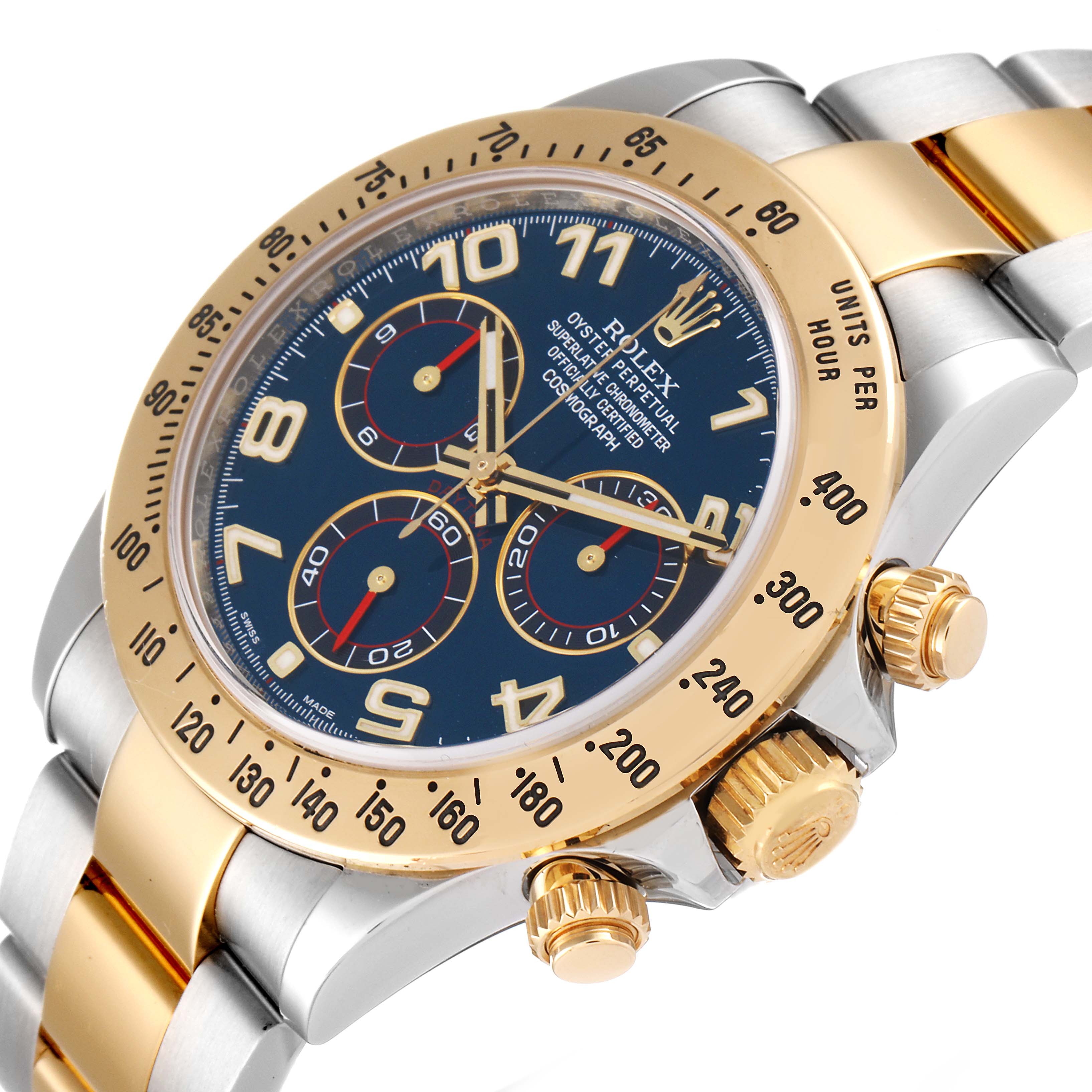 The image shows a side angle of the Rolex Daytona 116523 Men
s Steel and Gold (two tone) Blue Dial 116523 Men
s Steel and Gold (two tone) Blue Dial watch, highlighting its crown, bezel, and bracelet.