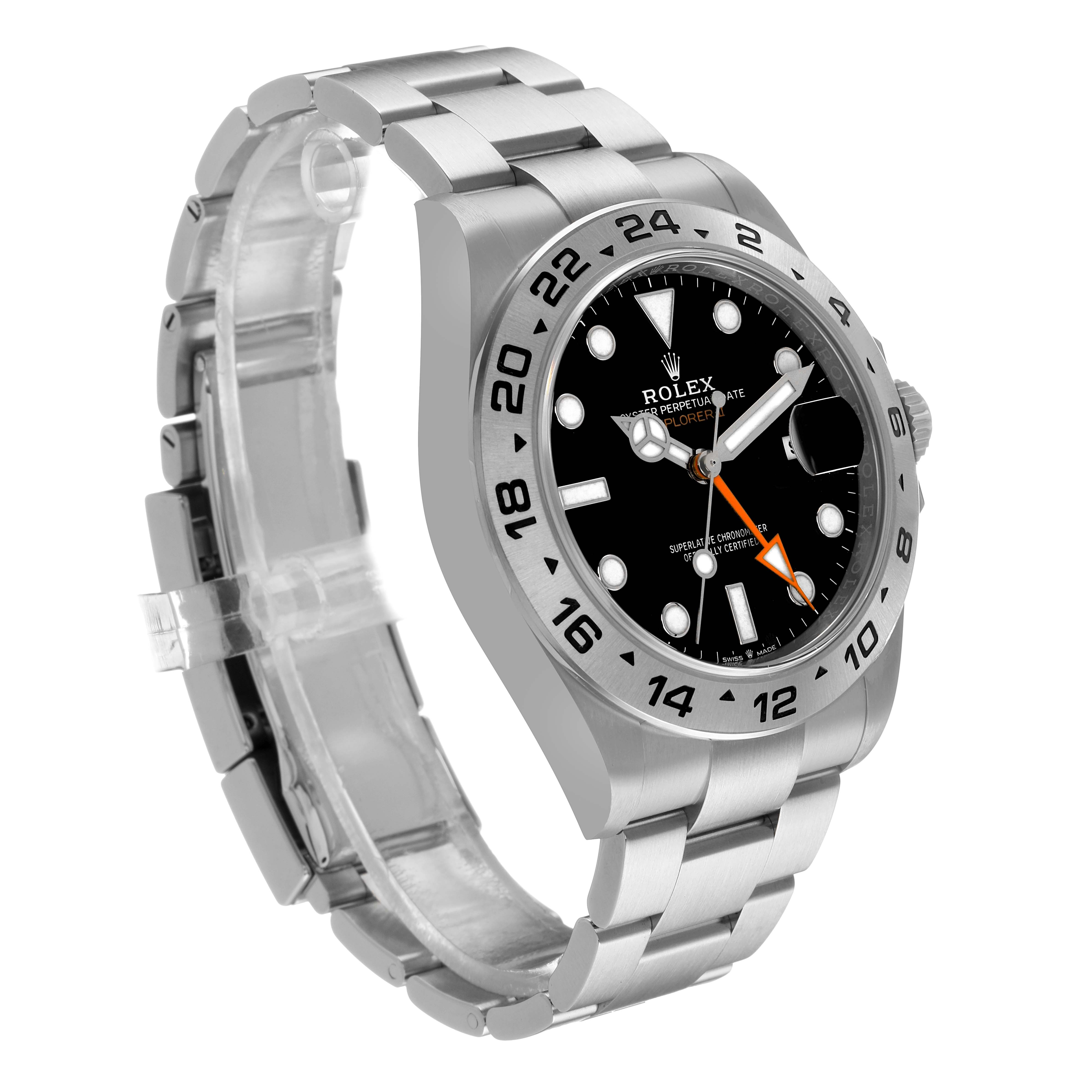 The Rolex Explorer 226570 Men's Stainless Steel Black Dial watch is shown at a three-quarter angle, highlighting the face, bezel, and bracelet.