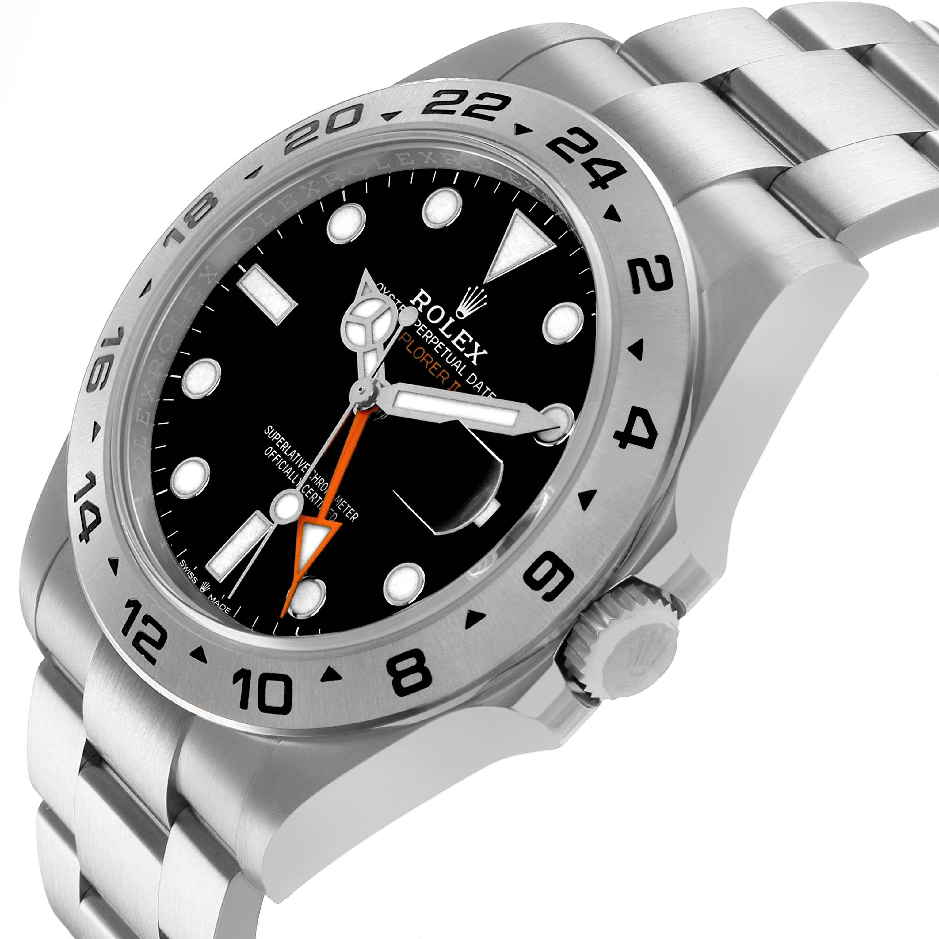 The Rolex Explorer 226570 Men's Stainless Steel Black Dial watch is shown at a three-quarter angle, highlighting the dial, bezel, case, crown, and bracelet.