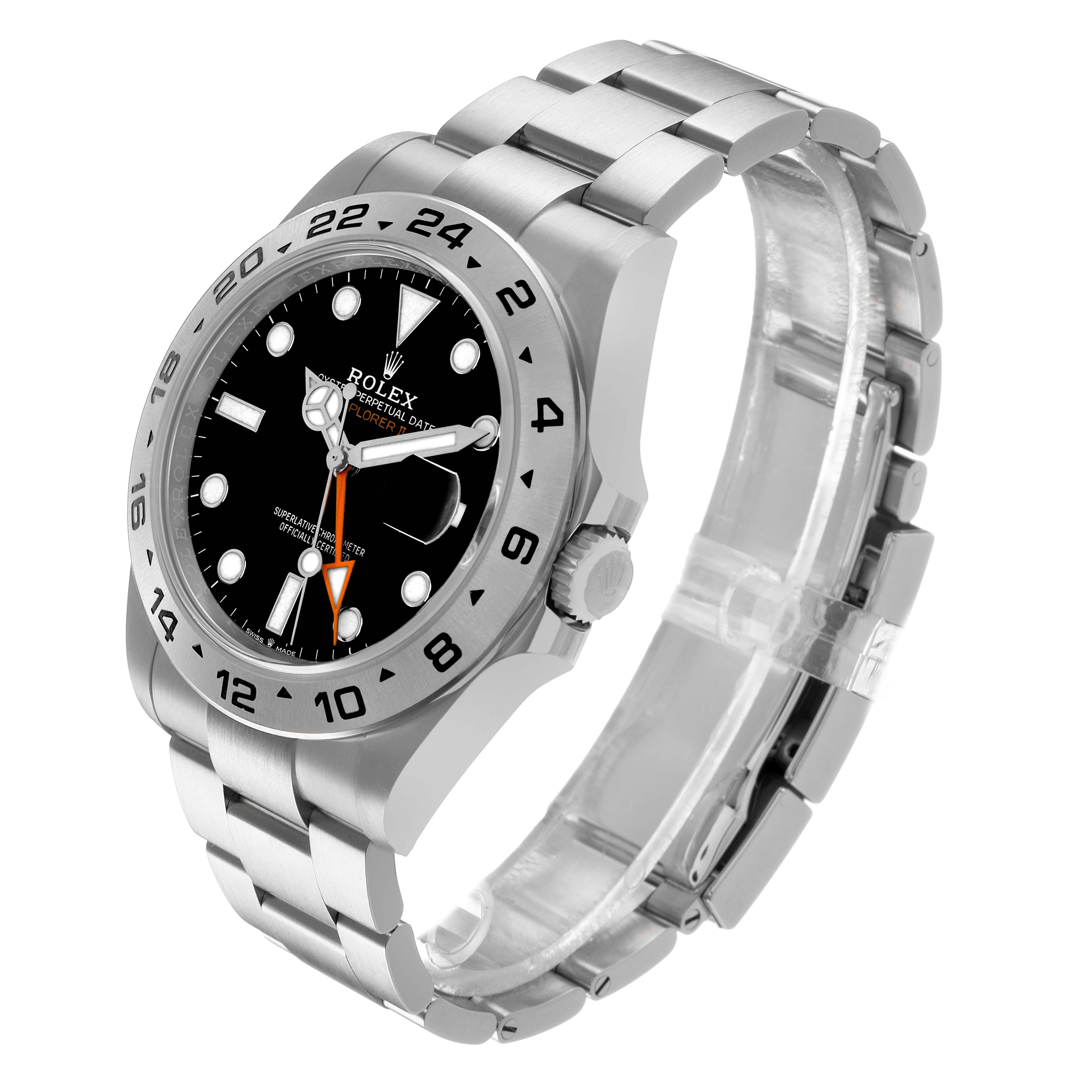 The Rolex Explorer 226570 Men's Stainless Steel Black Dial watch is shown at a three-quarter angle, displaying the dial, bezel, and bracelet.
