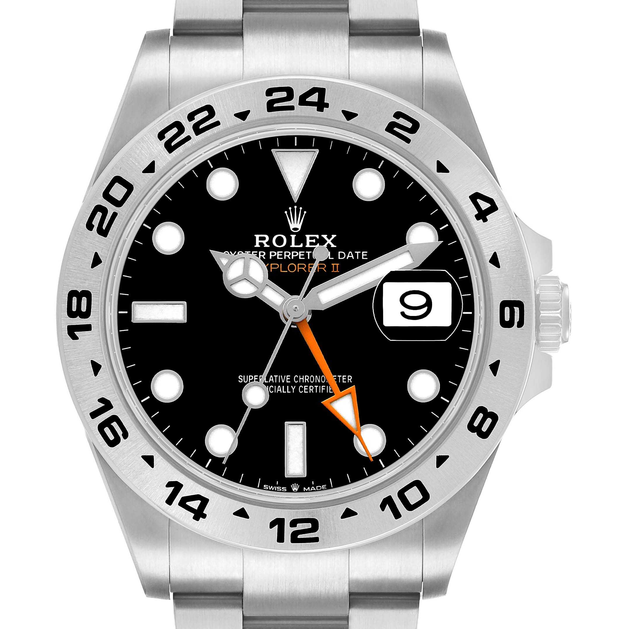 The Rolex Explorer 226570 Men's Stainless Steel Black Dial II watch is shown from the front, displaying the dial, bezel, and part of the bracelet.