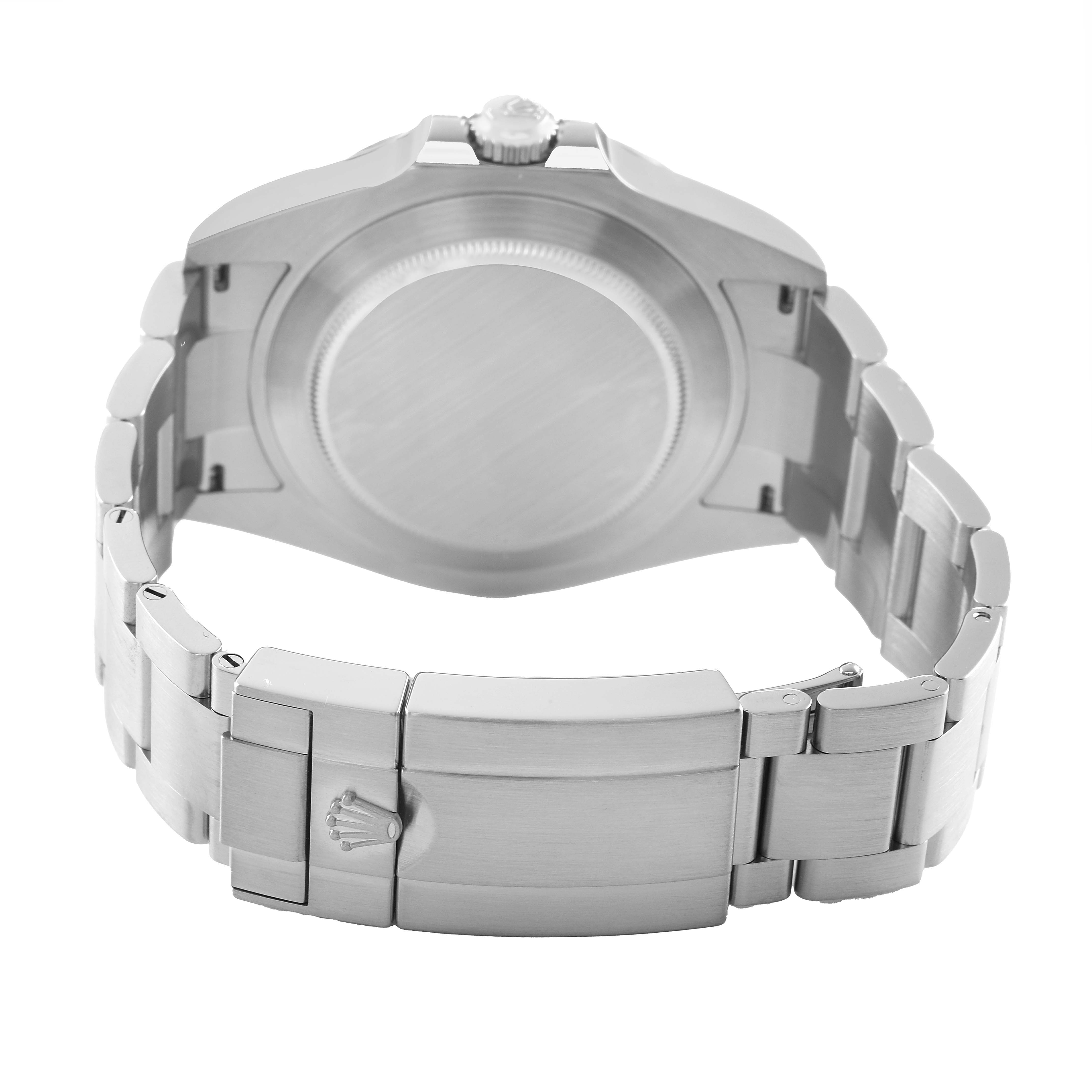 The image shows the back and clasp of a Rolex Explorer 226570 Men's Stainless Steel Black Dial watch, highlighting the bracelet and the case back.