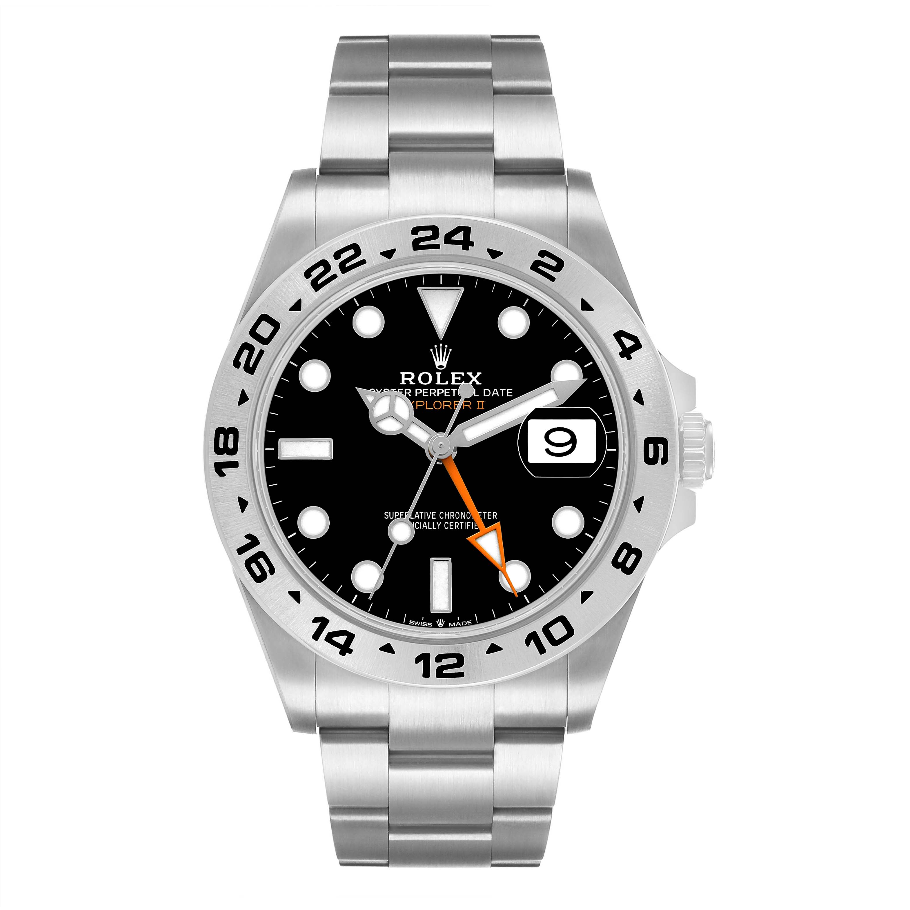 The image displays a front view of the Rolex Explorer 226570 Men's Stainless Steel Black Dial model, showing its dial, bezel, and bracelet.