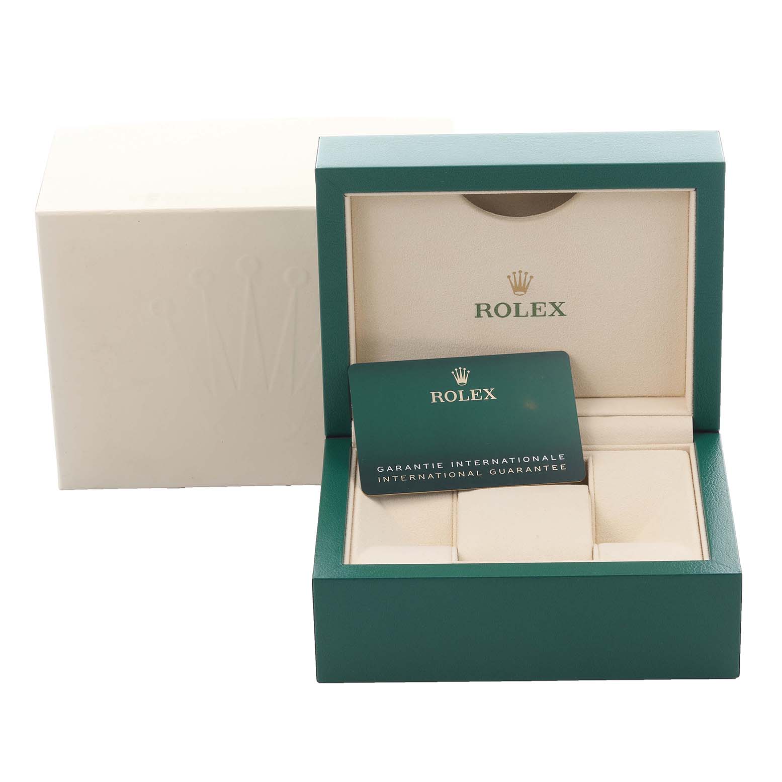 The image shows a Rolex Explorer M226570-0002 Men's Stainless Steel Black Dial M226570-0002 Men's Stainless Steel Black Dial watch box, open at an angle, with a warranty card inside.