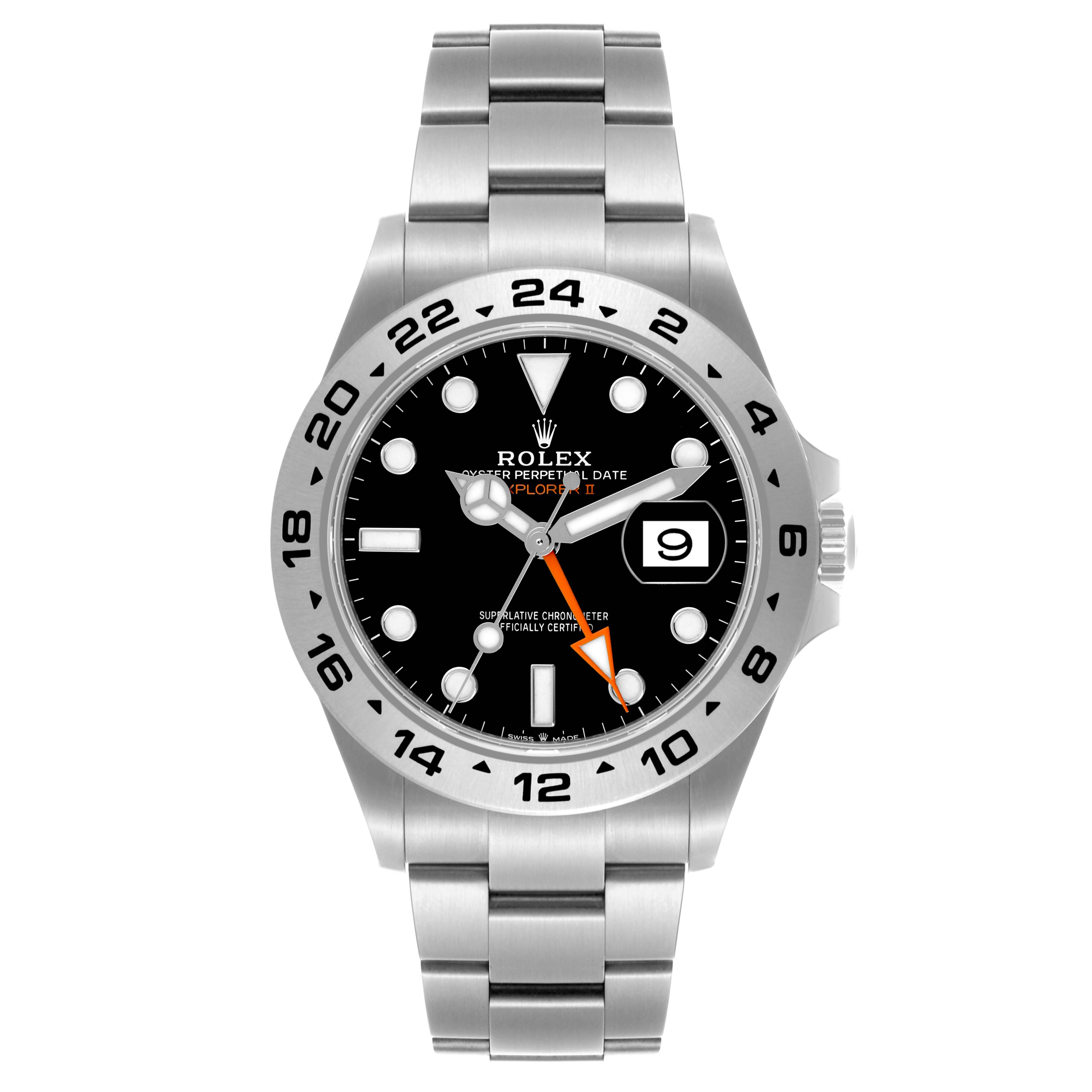 The image shows a frontal view of the Rolex Explorer M226570-0002 Men's Stainless Steel Black Dial M226570-0002 Men's Stainless Steel Black Dial watch, highlighting its face, bezel, and bracelet.