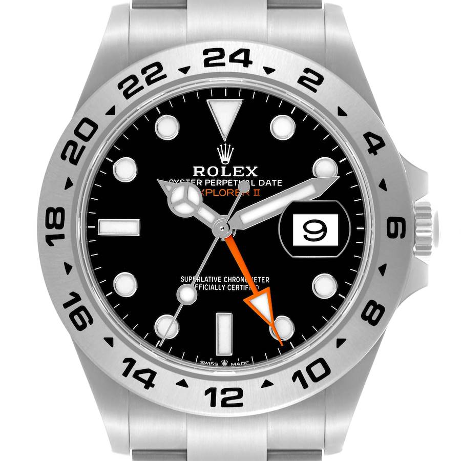 The image shows a front view of the Rolex Explorer II, highlighting its dial, bezel, and date display.