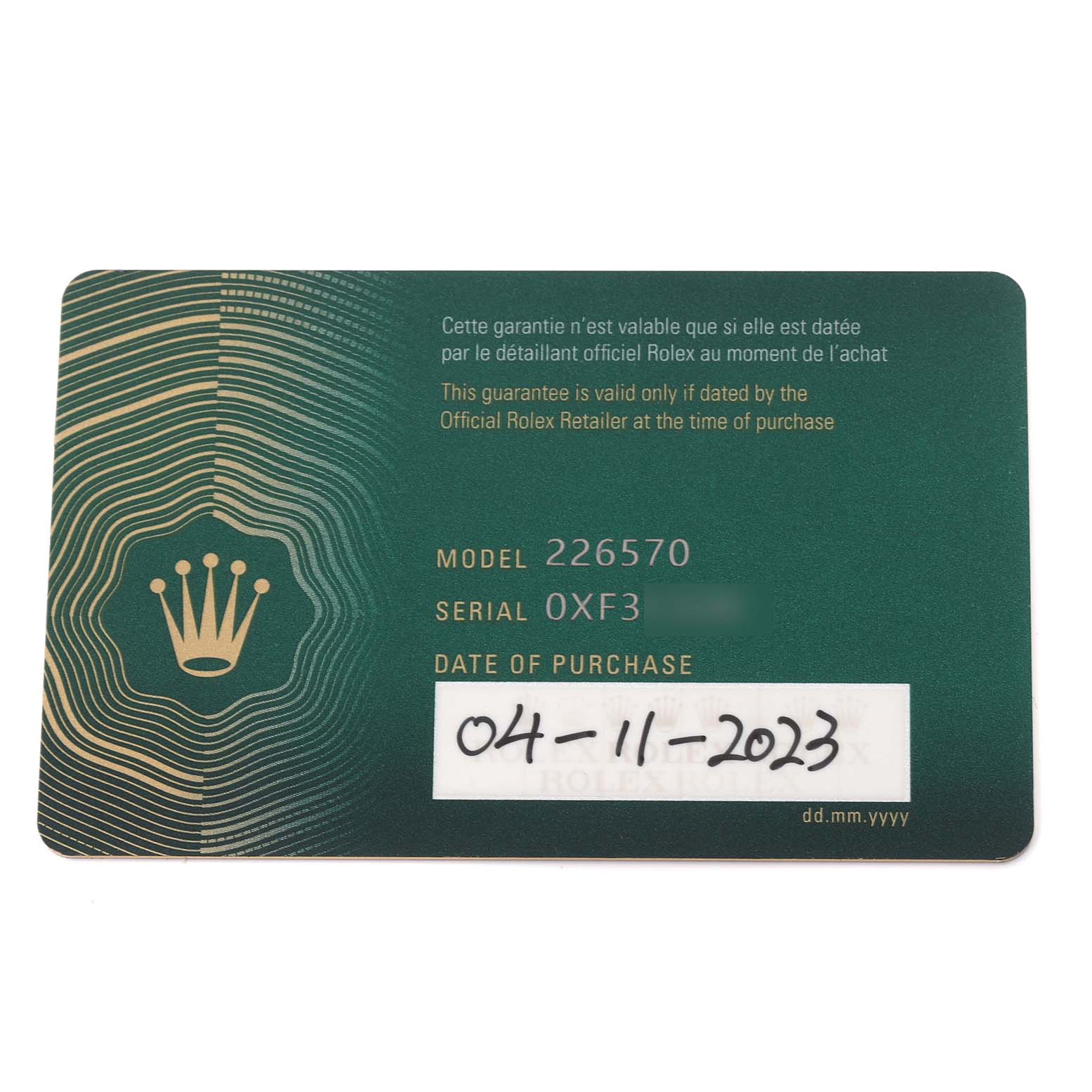 This image shows a guarantee card for the Rolex Explorer M226570-0002 Men's Stainless Steel Black Dial M226570-0002 Men's Stainless Steel Black Dial model, including model and serial numbers.