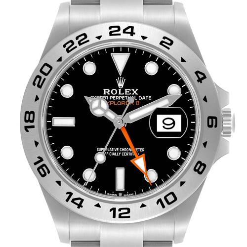 The image shows a front view of a Rolex Explorer II watch, displaying the dial, hands, bezel, and date window.