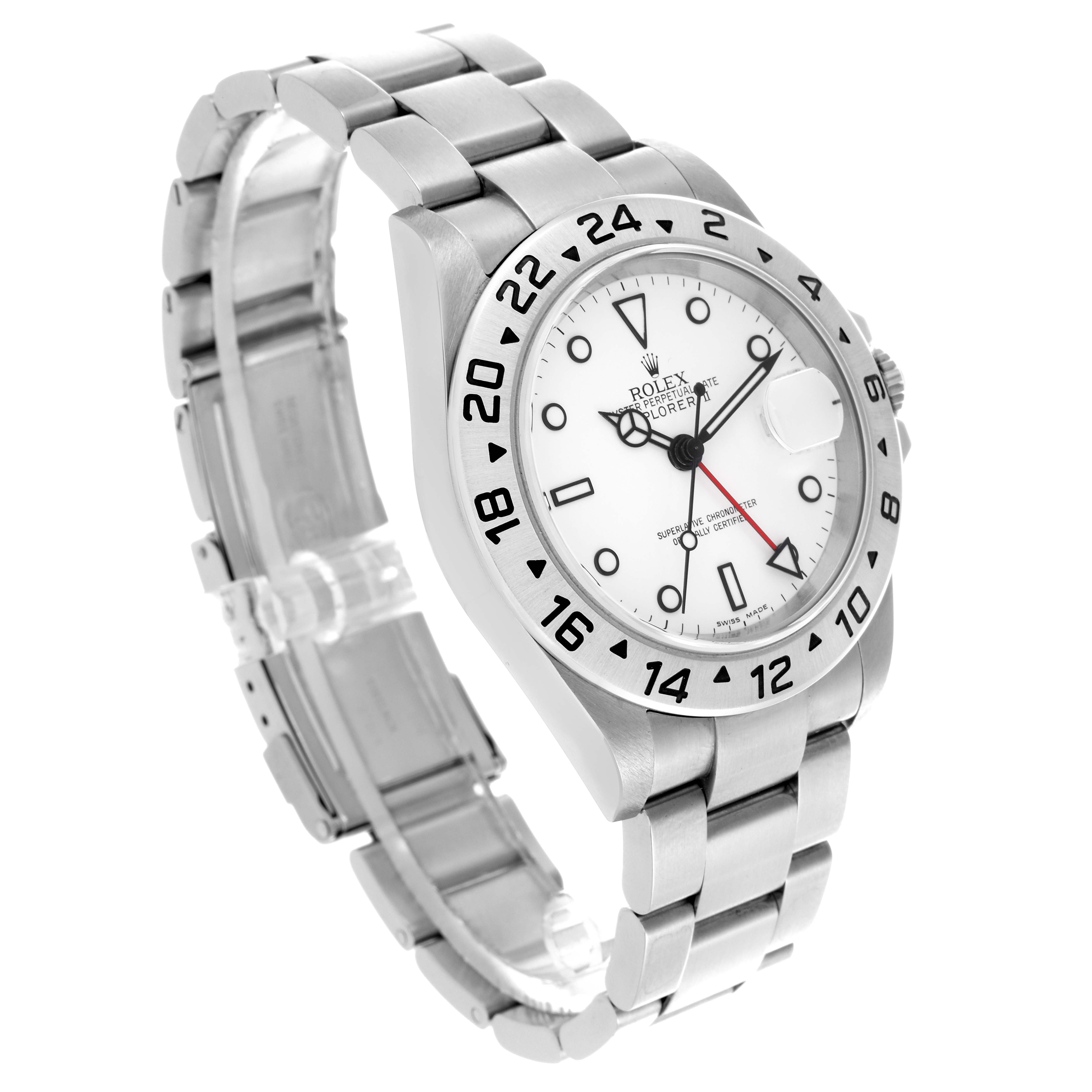 This Rolex Explorer 16570 Men
s Stainless Steel White Dial 16570 Men
s Stainless Steel White Dial model is shown at a three-quarter angle, featuring the bezel, dial, and stainless steel bracelet.