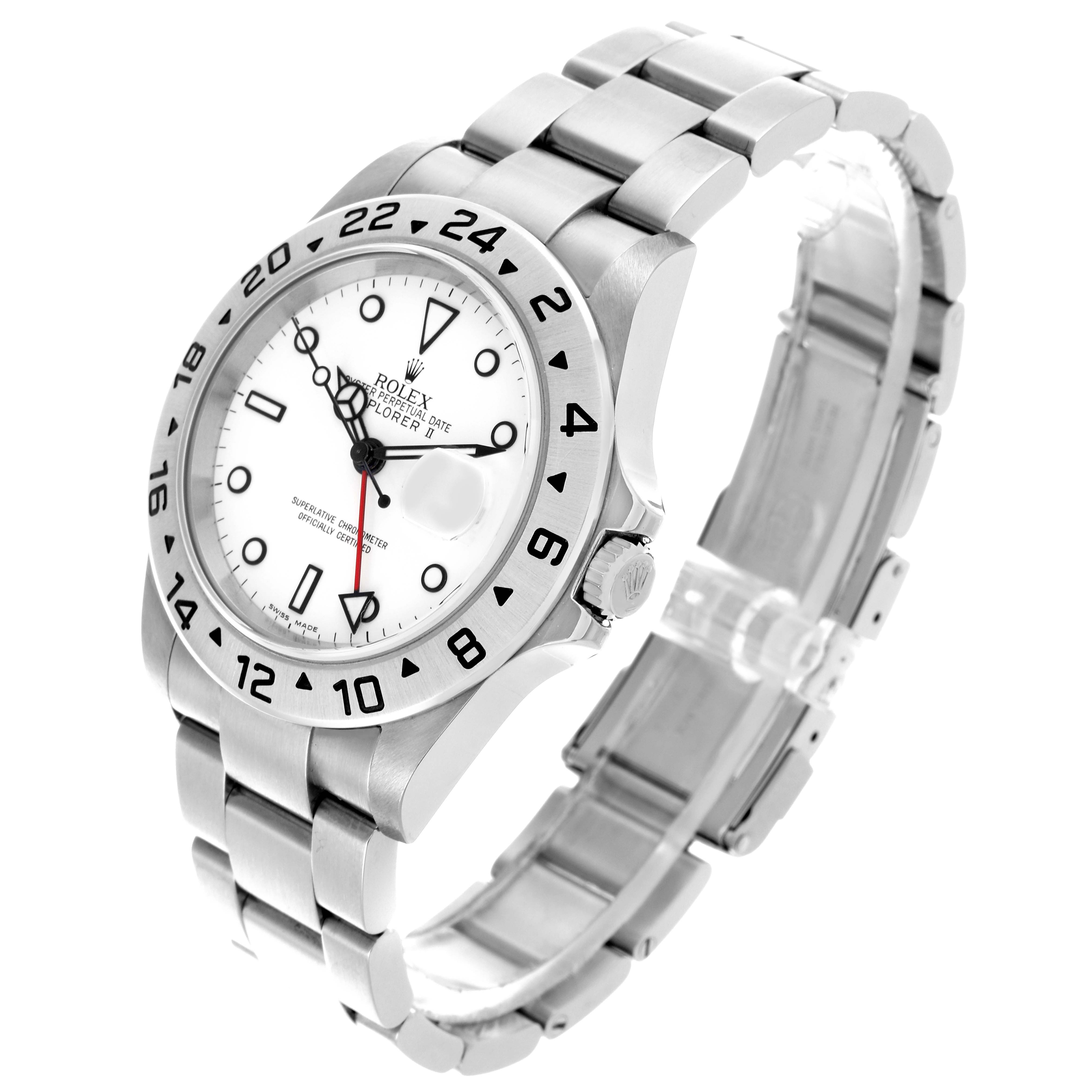 The Rolex Explorer 16570 Men
s Stainless Steel White Dial 16570 Men
s Stainless Steel White Dial watch is shown at a three-quarter angle, highlighting the dial, bezel, crown, and bracelet.