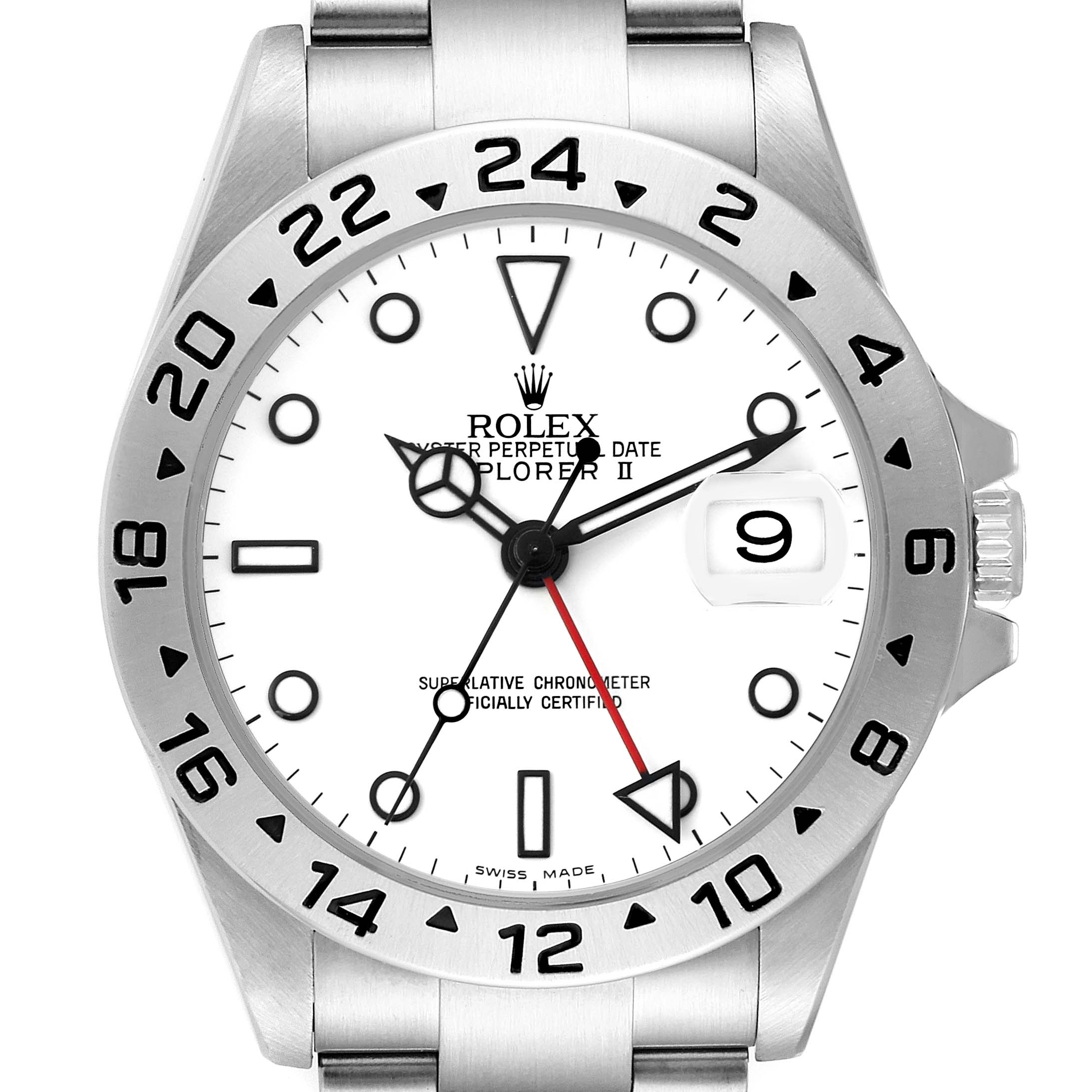 The Rolex Explorer 16570 Men
s Stainless Steel White Dial 16570 Men
s Stainless Steel White Dial watch is shown from a front angle, highlighting its dial, hands, bezel, and part of the bracelet.