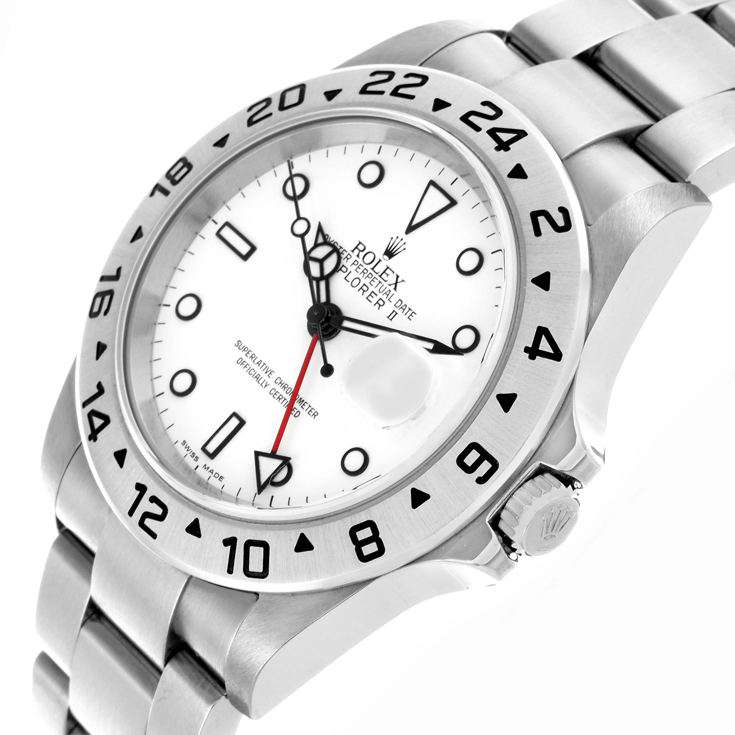 The Rolex Explorer 16570 Men
s Stainless Steel White Dial 16570 Men
s Stainless Steel White Dial model watch is shown at a slight angle, highlighting the bezel, dial, case, and bracelet.