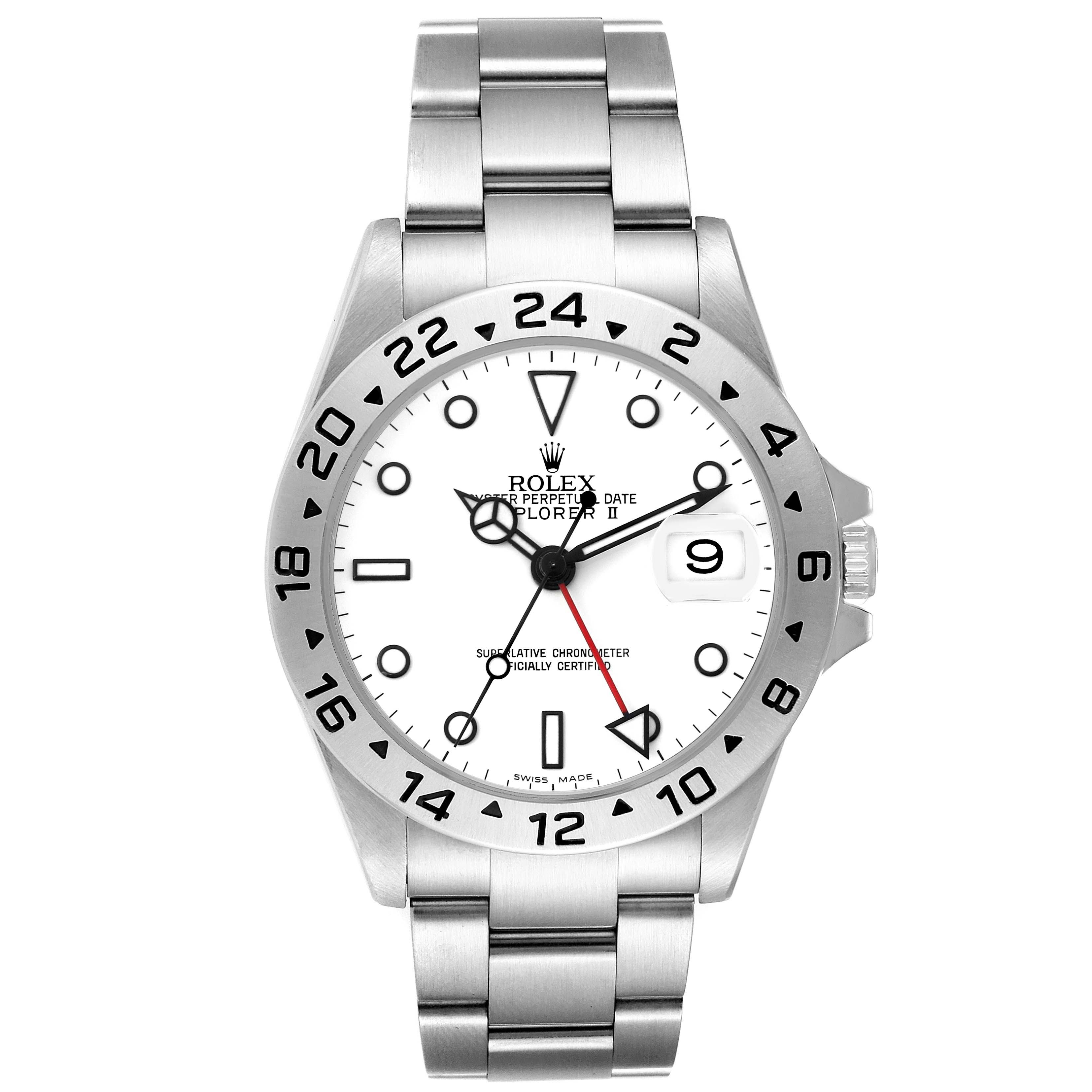 The Rolex Explorer 16570 Men
s Stainless Steel White Dial 16570 Men
s Stainless Steel White Dial watch is shown from the front, highlighting its face, bezel, bracelet, and crown.