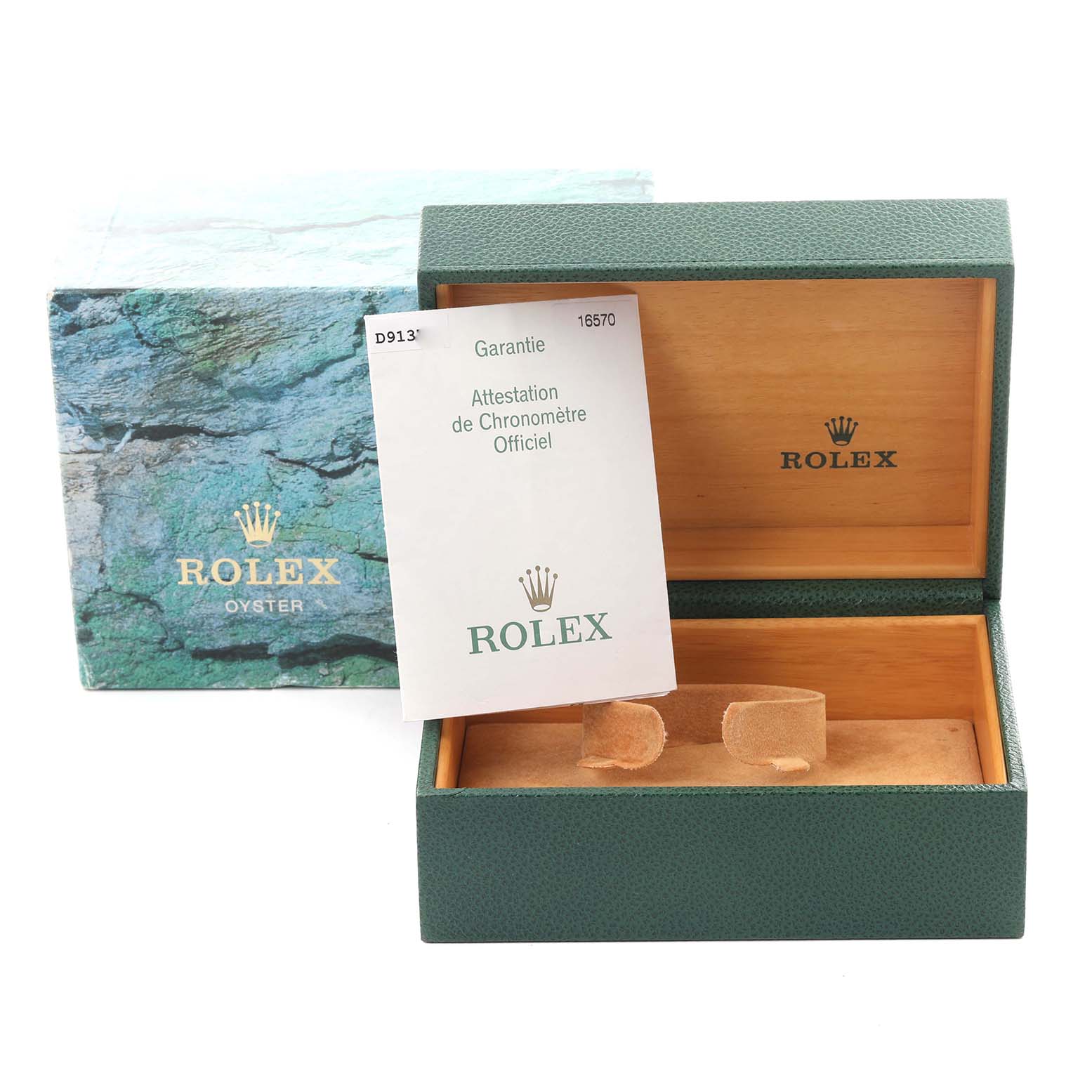 The image shows the open box and packaging for a Rolex Explorer 16570 Men
s Stainless Steel White Dial 16570 Men
s Stainless Steel White Dial, along with paperwork.