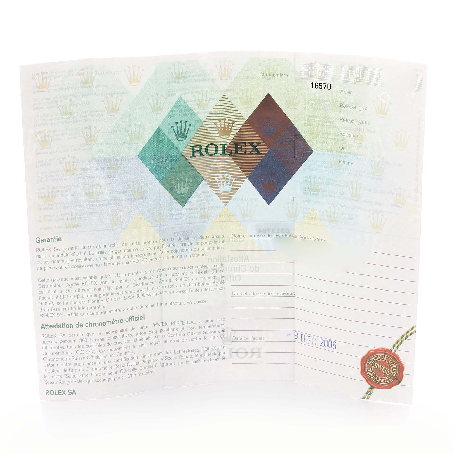 The image shows a warranty certificate for a Rolex Explorer 16570 Men
s Stainless Steel White Dial 16570 Men
s Stainless Steel White Dial, including the model number and purchase date.