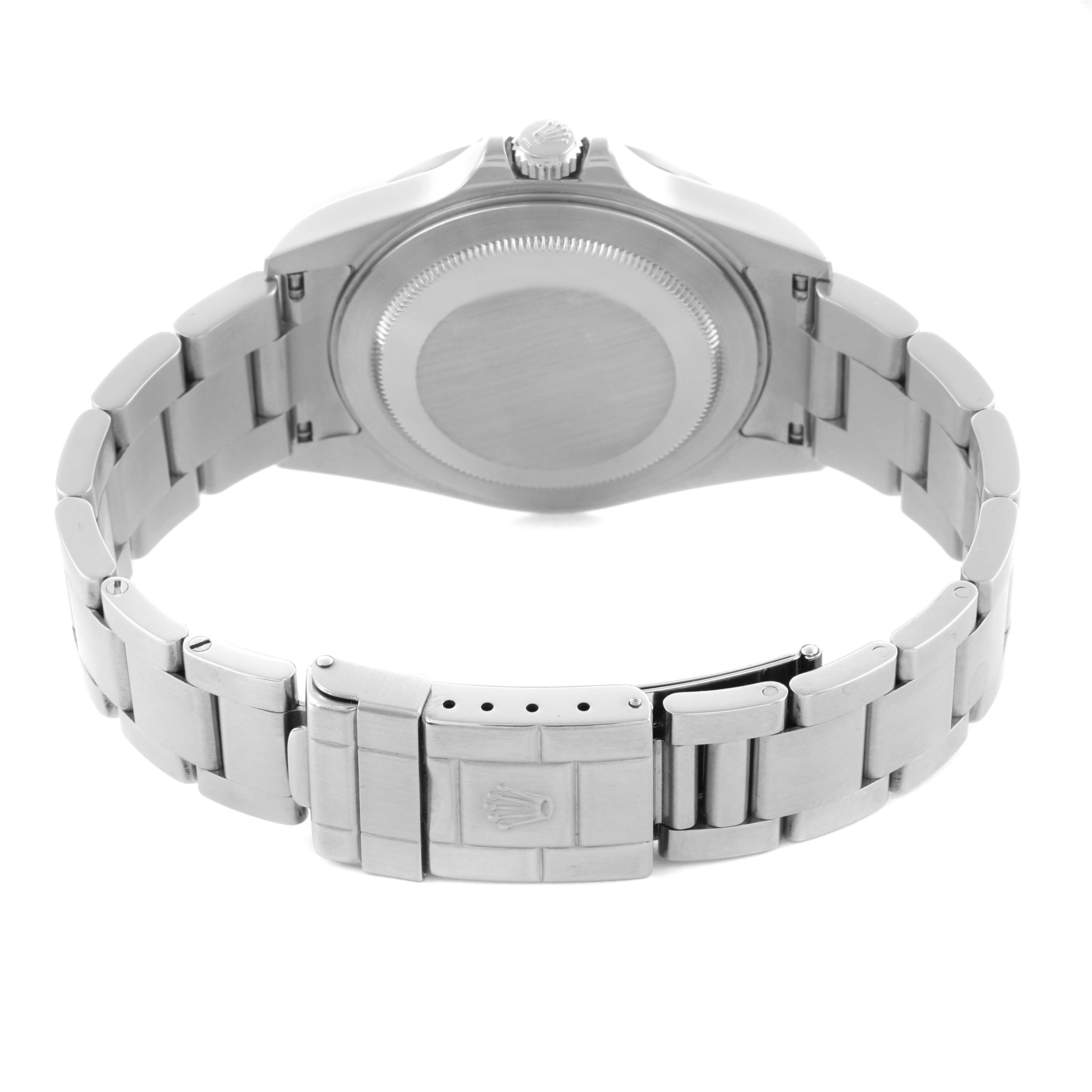 The image shows the back and bracelet of a Rolex Explorer 16570 Men
s Stainless Steel White Dial 16570 Men
s Stainless Steel White Dial watch, including the case back and clasp.