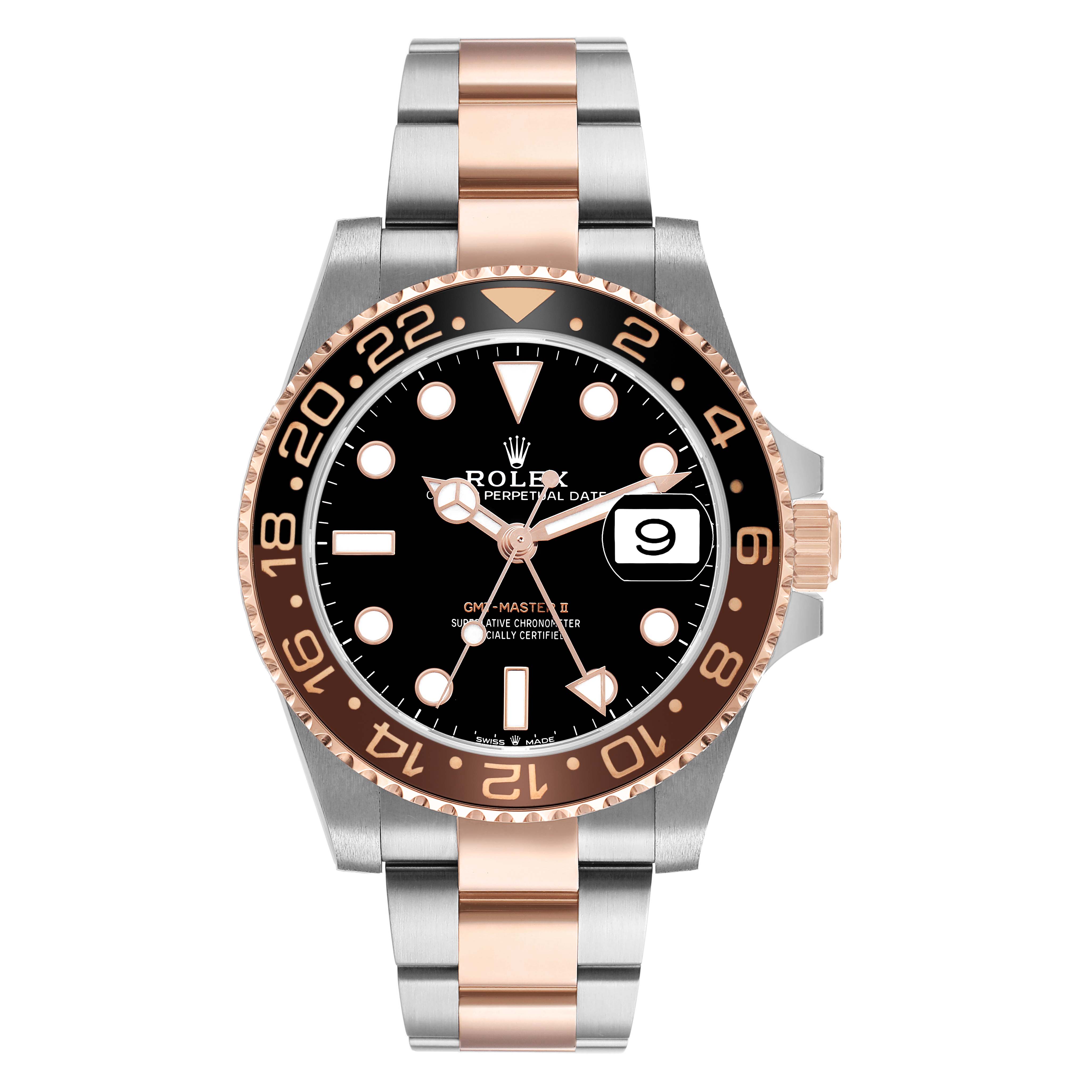 The Rolex GMT-Master 126711 Men's Steel and Gold (two tone) Black Dial watch is shown from a front angle, displaying the full face, bezel, and bracelet.