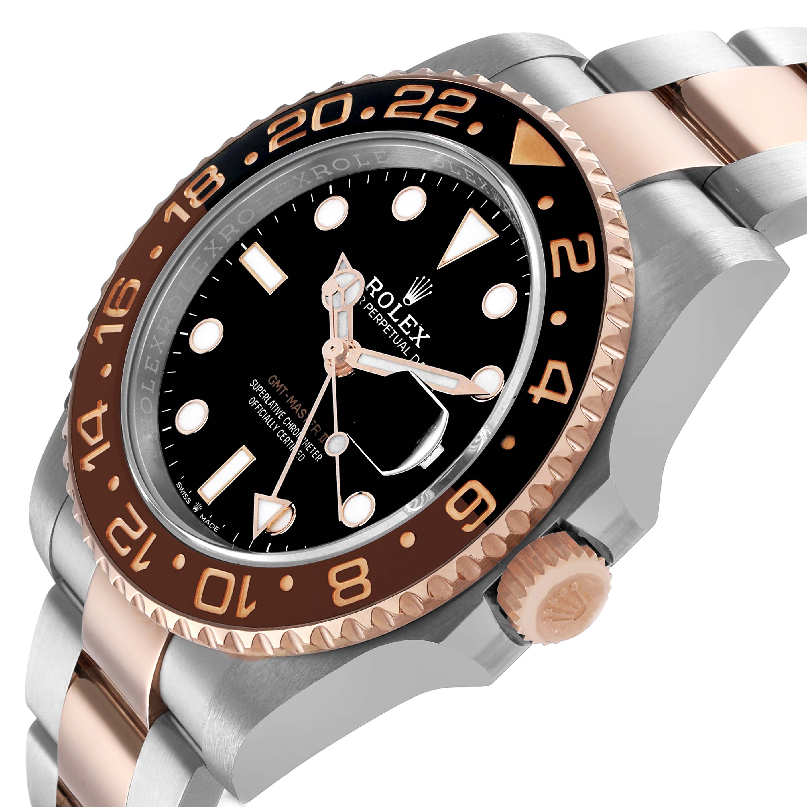The Rolex GMT-Master 126711 Men's Steel and Gold (two tone) Black Dial model is shown from a three-quarter angle, highlighting its bezel, crown, dial, and bracelet.