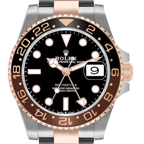 The Rolex GMT-Master 126711 Men's Steel and Gold (two tone) Black Dial watch is shown from a front angle, highlighting its bezel, dial, and case with the date feature visible.